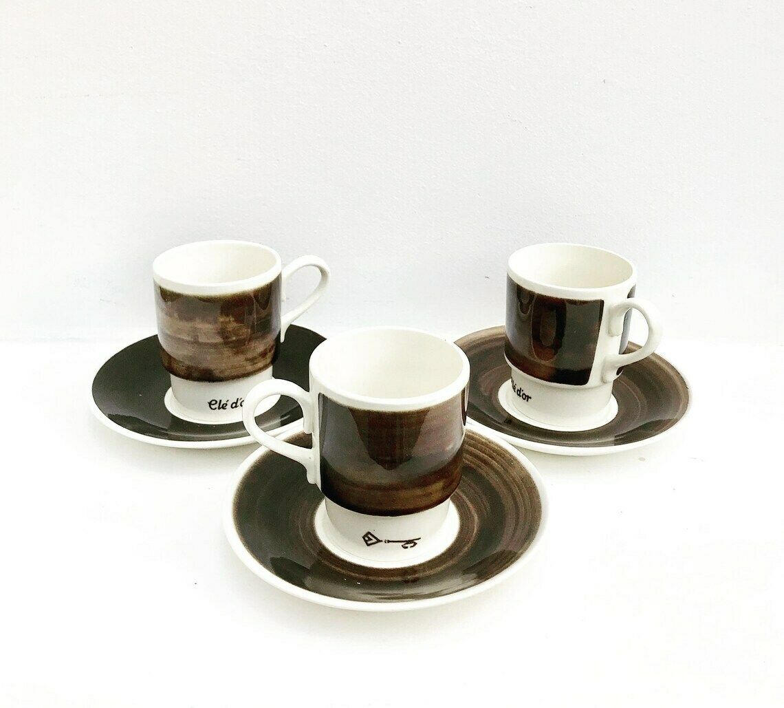 Coffee Cup Set Brown Dutch Vintage Set 3 Stackable Tea Cup And Saucer Clé D'or By Petrus Regout Royal Sphinx Maastricht 60's 70's Espresso photo Home Decor