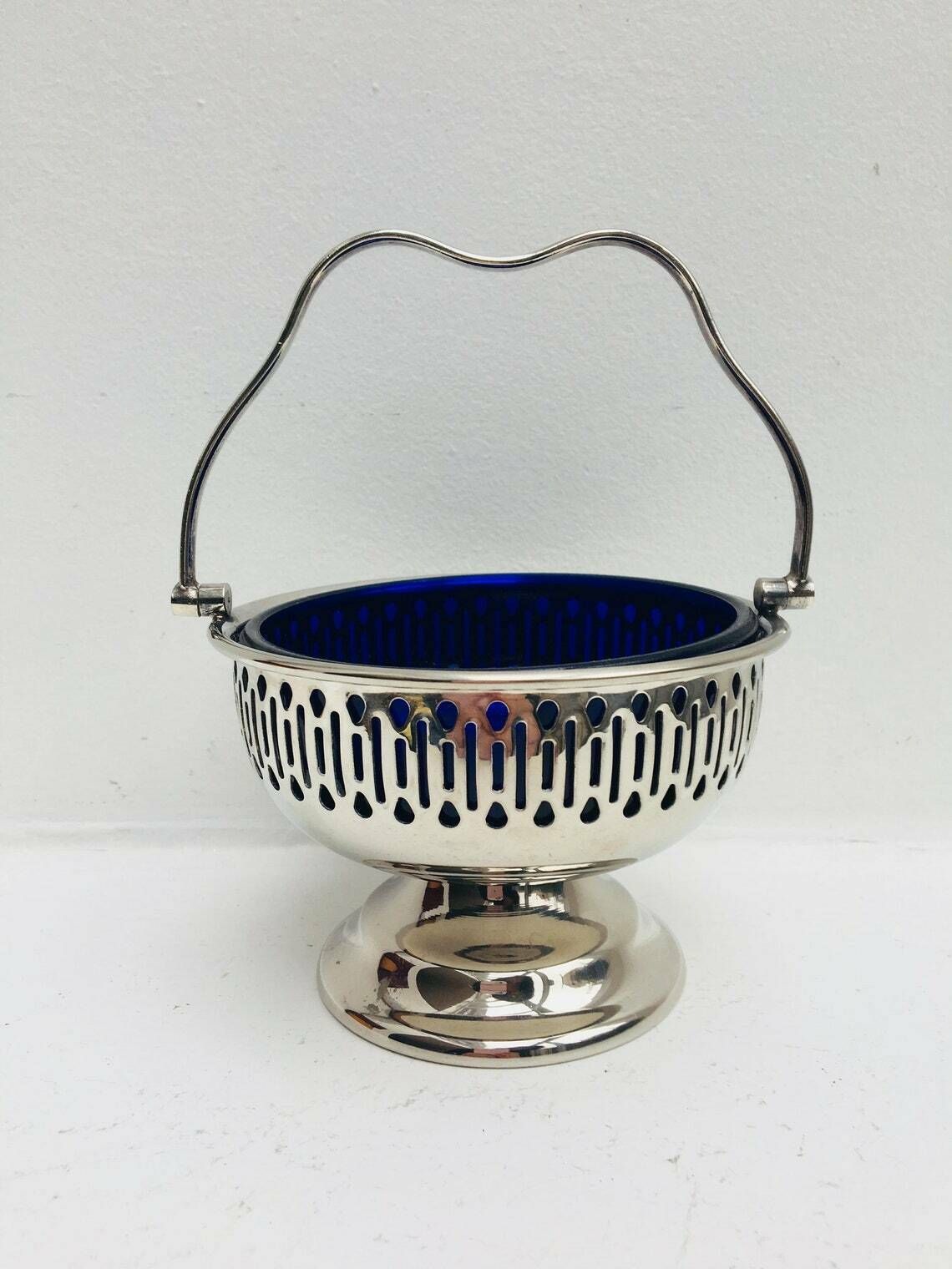 Sugar Bowl Pedestal Bon Bon Dish Falstaff Silver Plated England Cobalt Blue Liner With Handle, Blue Glass Liner Sweets, Olives, Nuts 1940s photo furniture