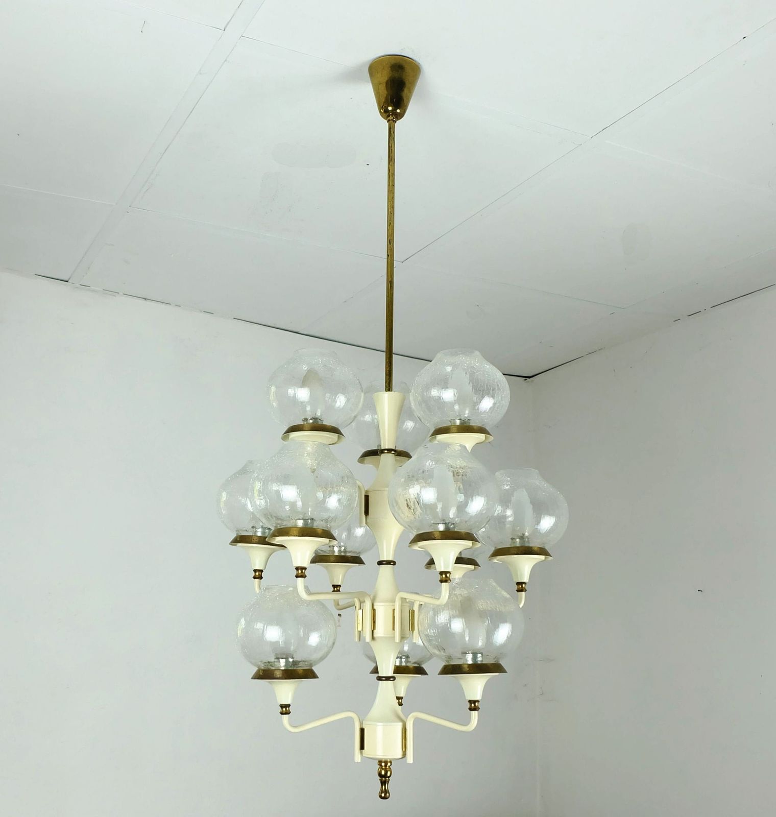 Fantastic 1960s Mid Century Chandelier Metal Brass 12 Crackle Glass Shades