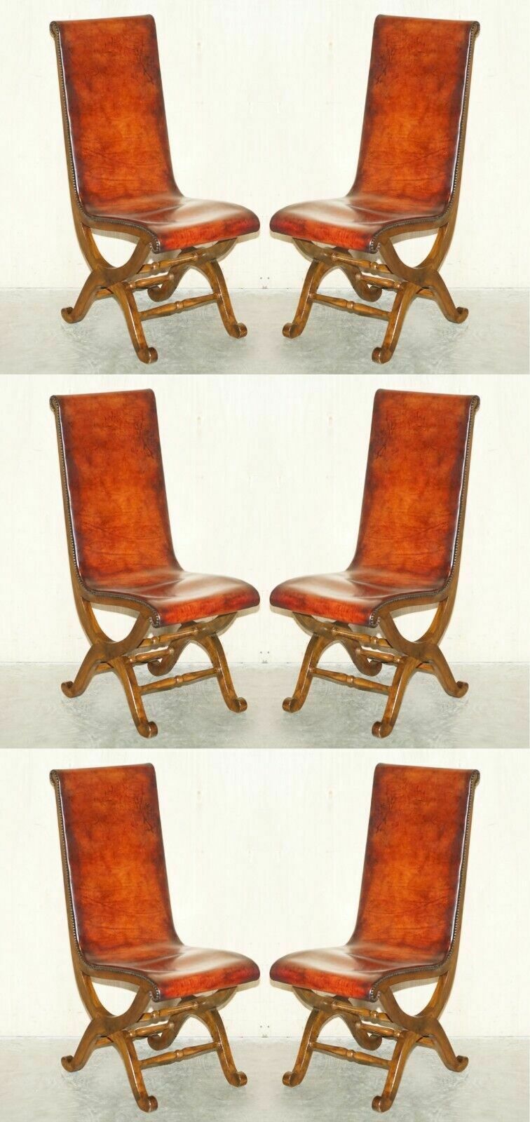 Six Restored Brown Leather And Oak Spanish Pierre Lottier Alamazan Dining Chairs 6