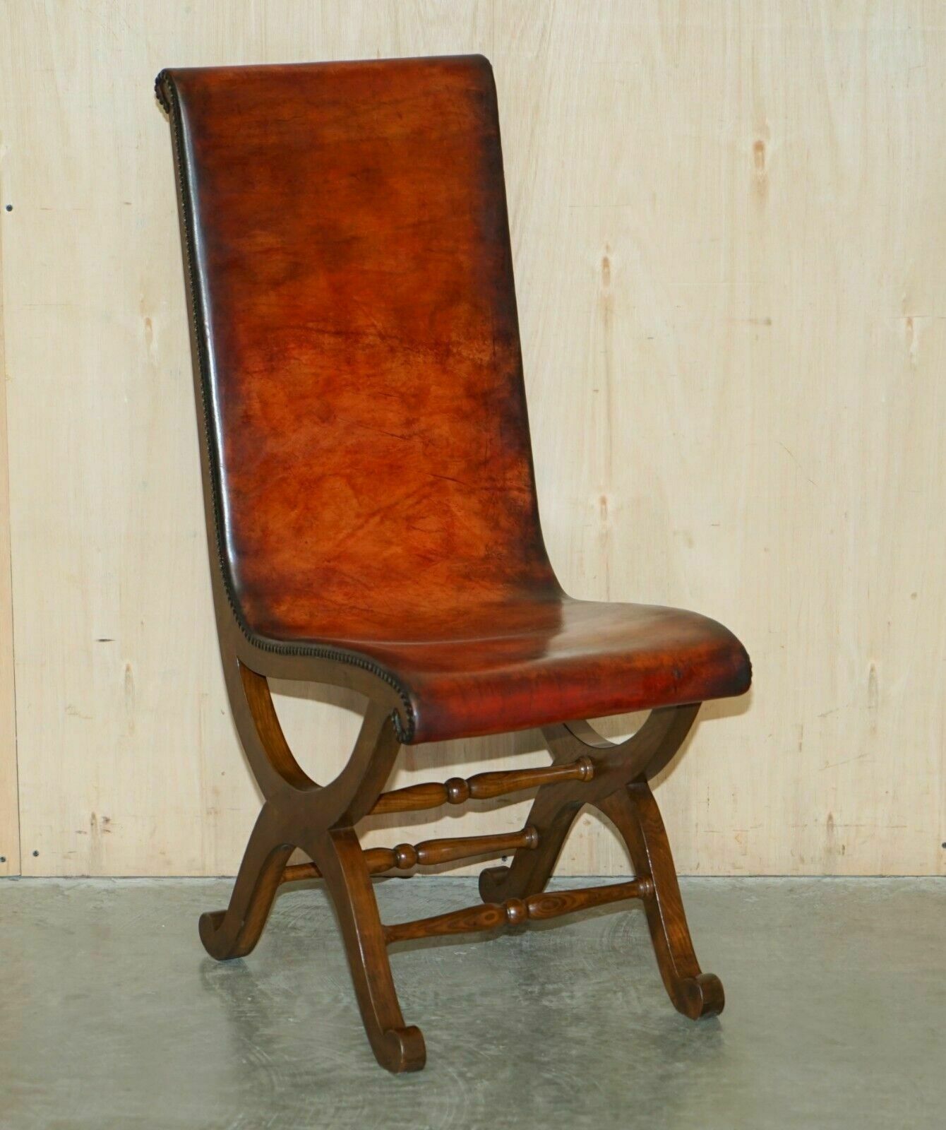 Six Restored Brown Leather And Oak Spanish Pierre Lottier Alamazan Dining Chairs 6 photo for sale