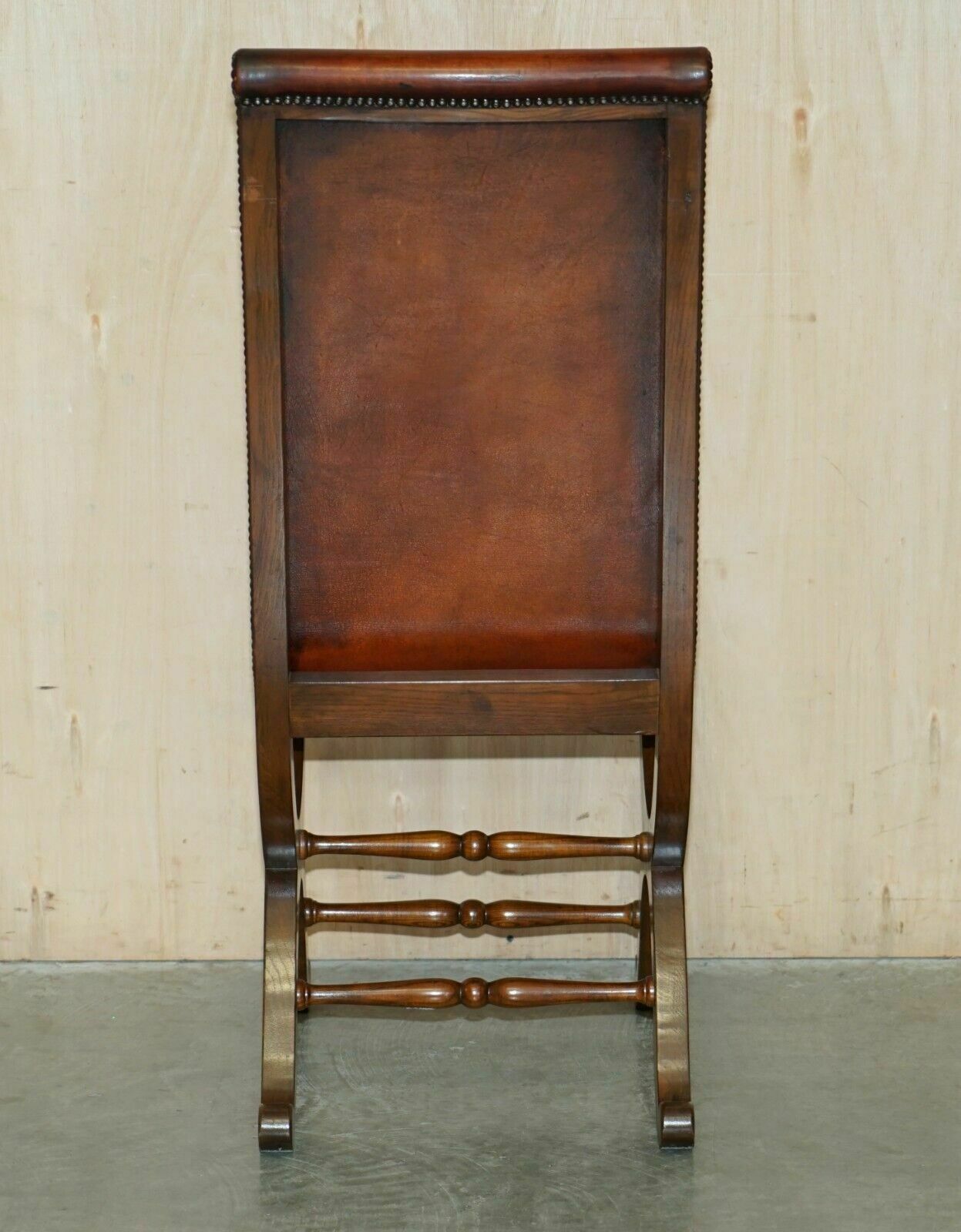photo vintage Six Restored Brown Leather And Oak Spanish Pierre Lottier Alamazan Dining Chairs 6