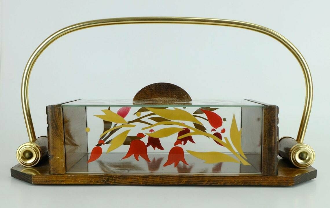 Beautiful 1930s French Art Déco Cookie Jar. Wood Glass Brass photo Home Decor