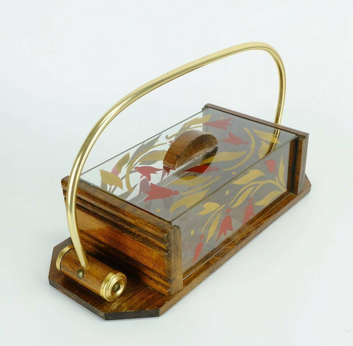 Beautiful 1930s French Art Déco Cookie Jar. Wood Glass Brass photo 144.3635