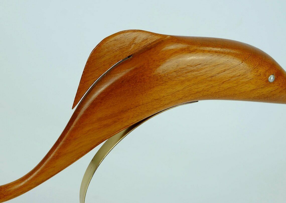 Beautiful Elegant Mid Century Wood Figurine Fish Dolphin Cherrywood Brass 1950s Deco photo furniture