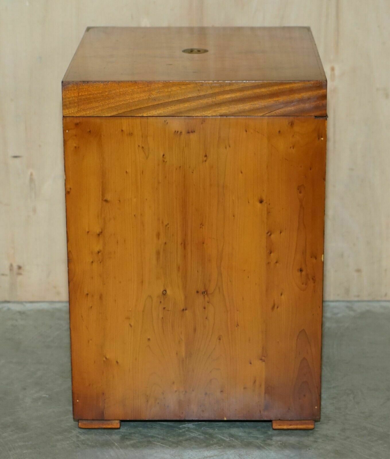 photo furniture Burr Yew & Elm Wood Military Campaign Drinks Cabinet Hidden Inside A Side Table