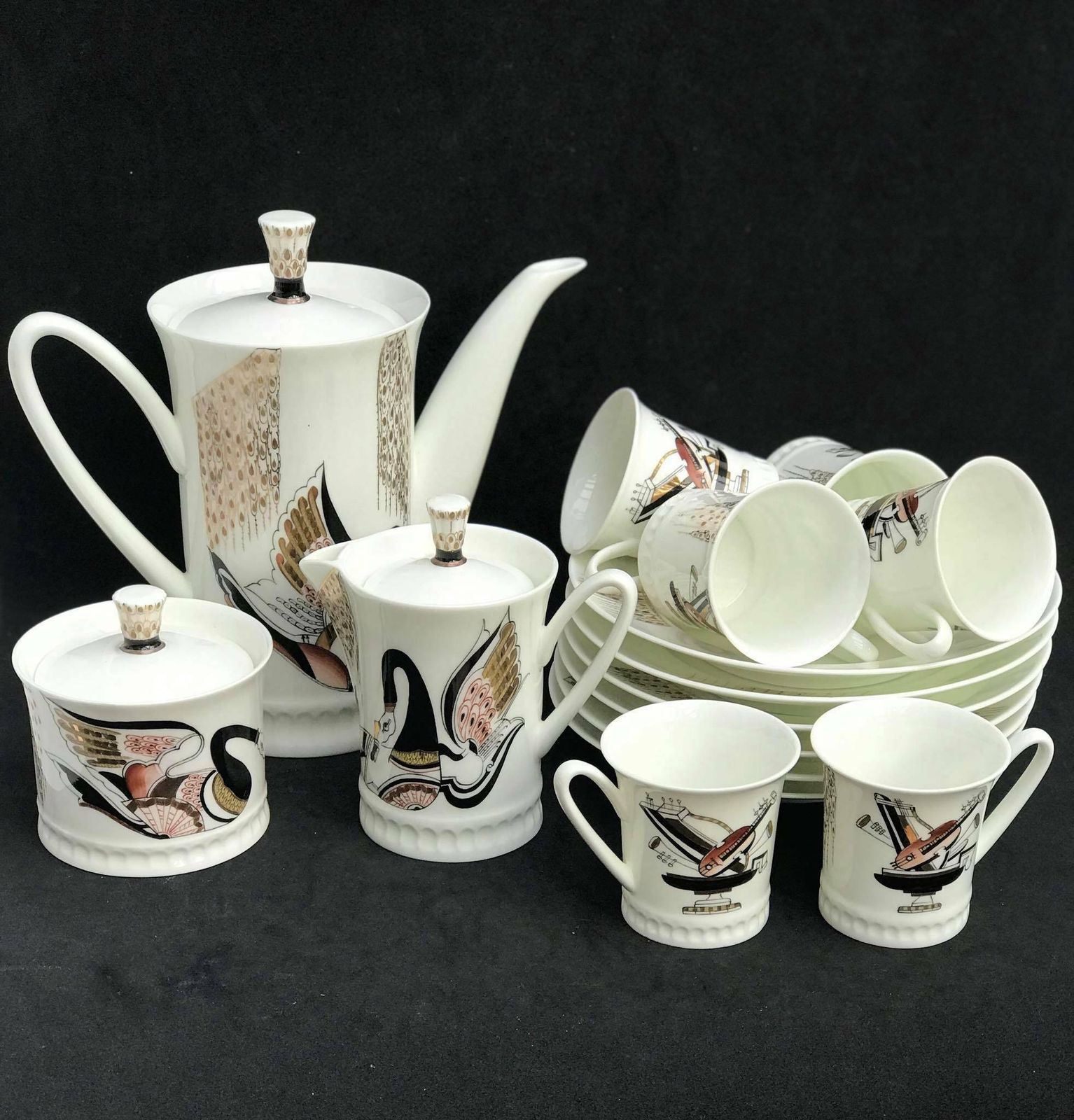 Imperial Porcelain Lomonosov Russian Coffee Set Collection Gift Collector Cups Creamer Sugar Bowl Wedding Gift Swan Musical Instruments photo furniture