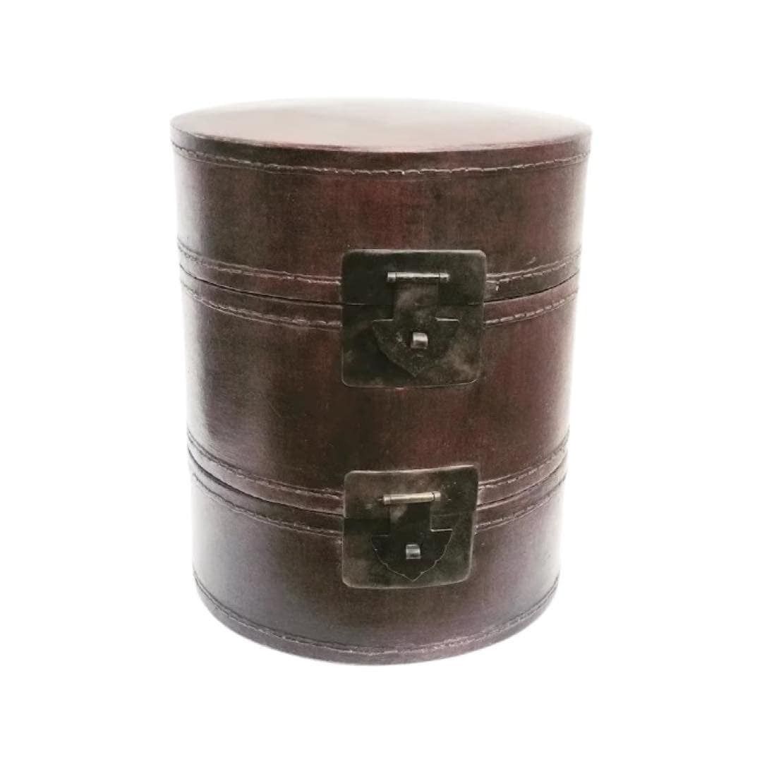 Dubbele Hoedendoos – Chinees Antiek – Leer En Gelakt Hout – Messing Slot En Deksel – Ronde Houten Opbergdoos – Decoratief Object