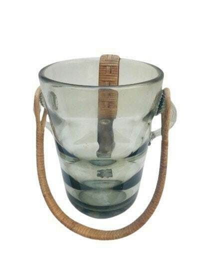 Holmegaard Glass Ice Bucket And Tongs Rattan Jacob E Bang Smoked Glass Boho Chic Bar Decor Danish Design Art Glass Denmark Mid Century Bar