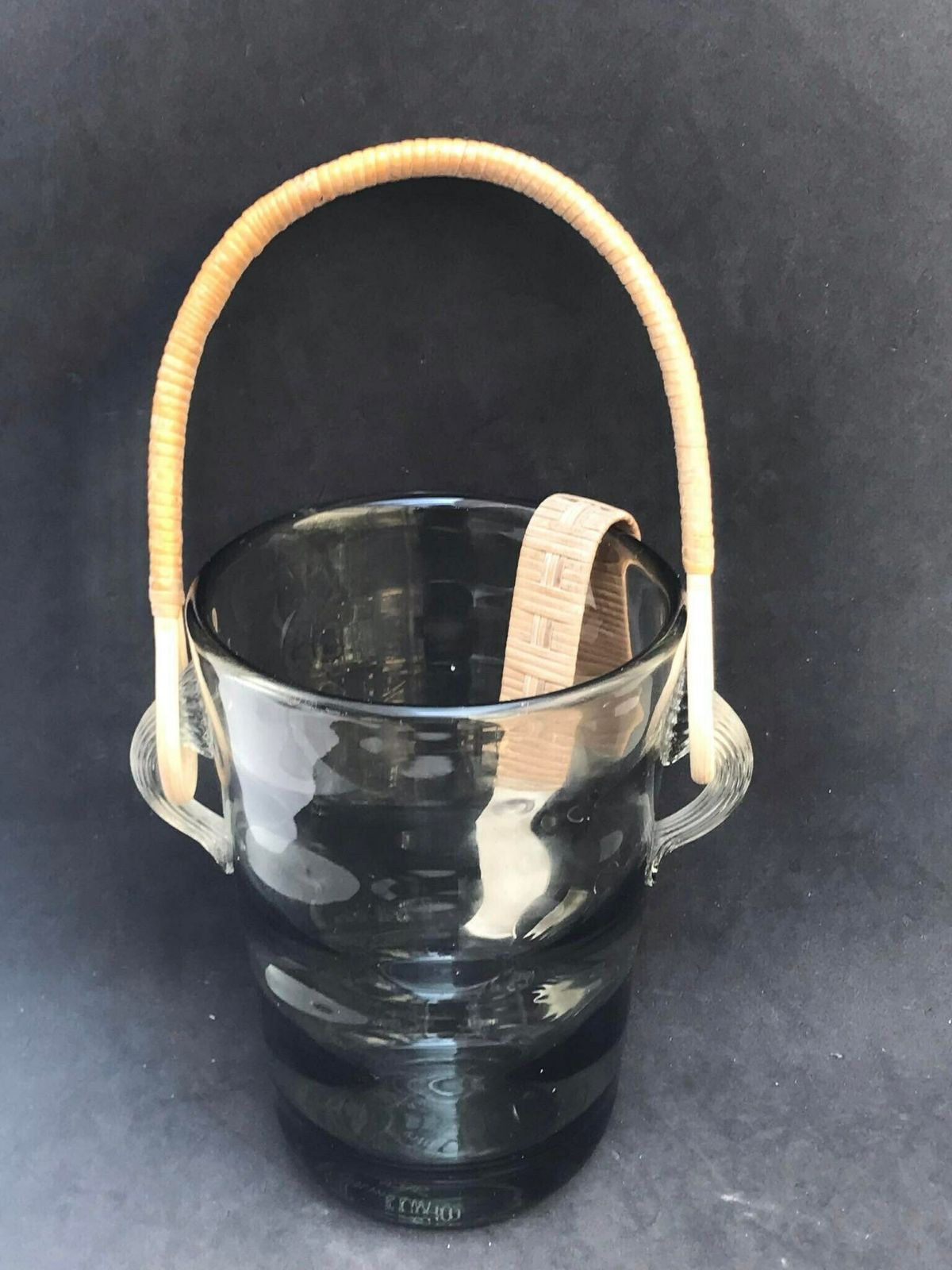 Holmegaard Glass Ice Bucket And Tongs Rattan Jacob E Bang Smoked Glass Boho Chic Bar Decor Danish Design Art Glass Denmark Mid Century Bar photo Home Decor