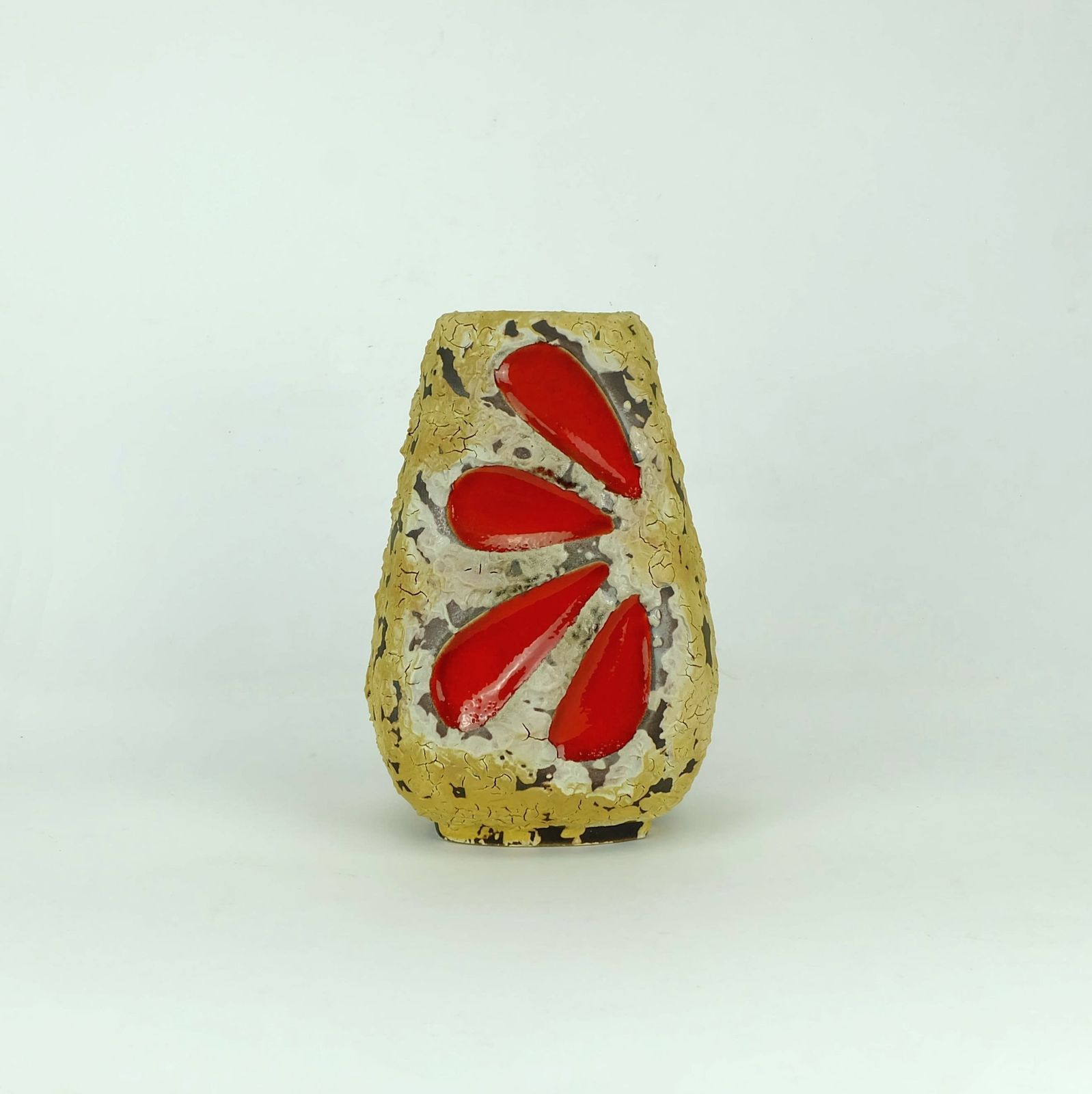Mid Century Fat Lava Vase Es Keramik Wgp Brown Beige Glaze Red Leaf Pattern