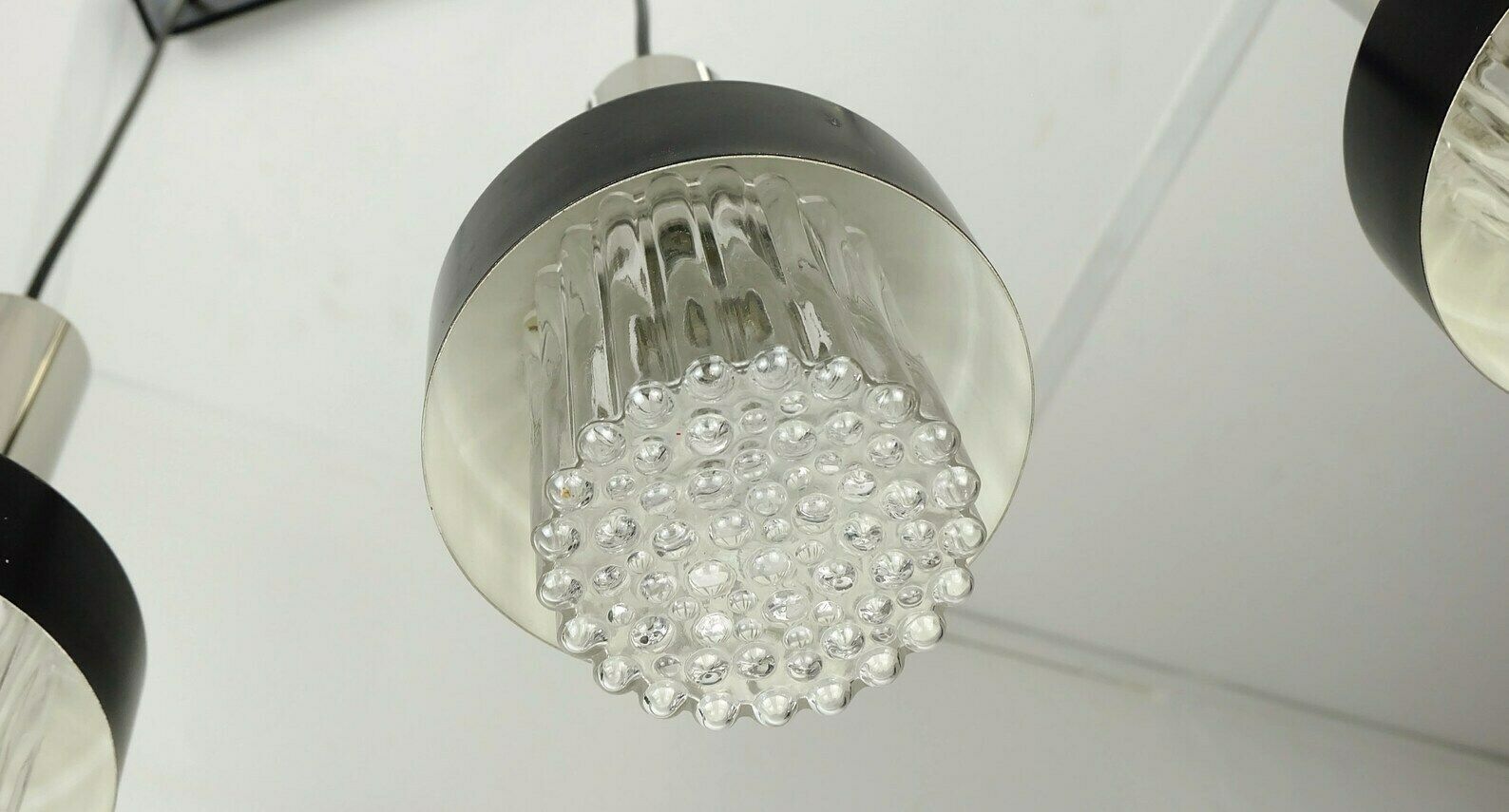 Mid Century Modern 3 Light Pendant Lamp Glass And Chrome And Black Metal 1960s photo Lighting