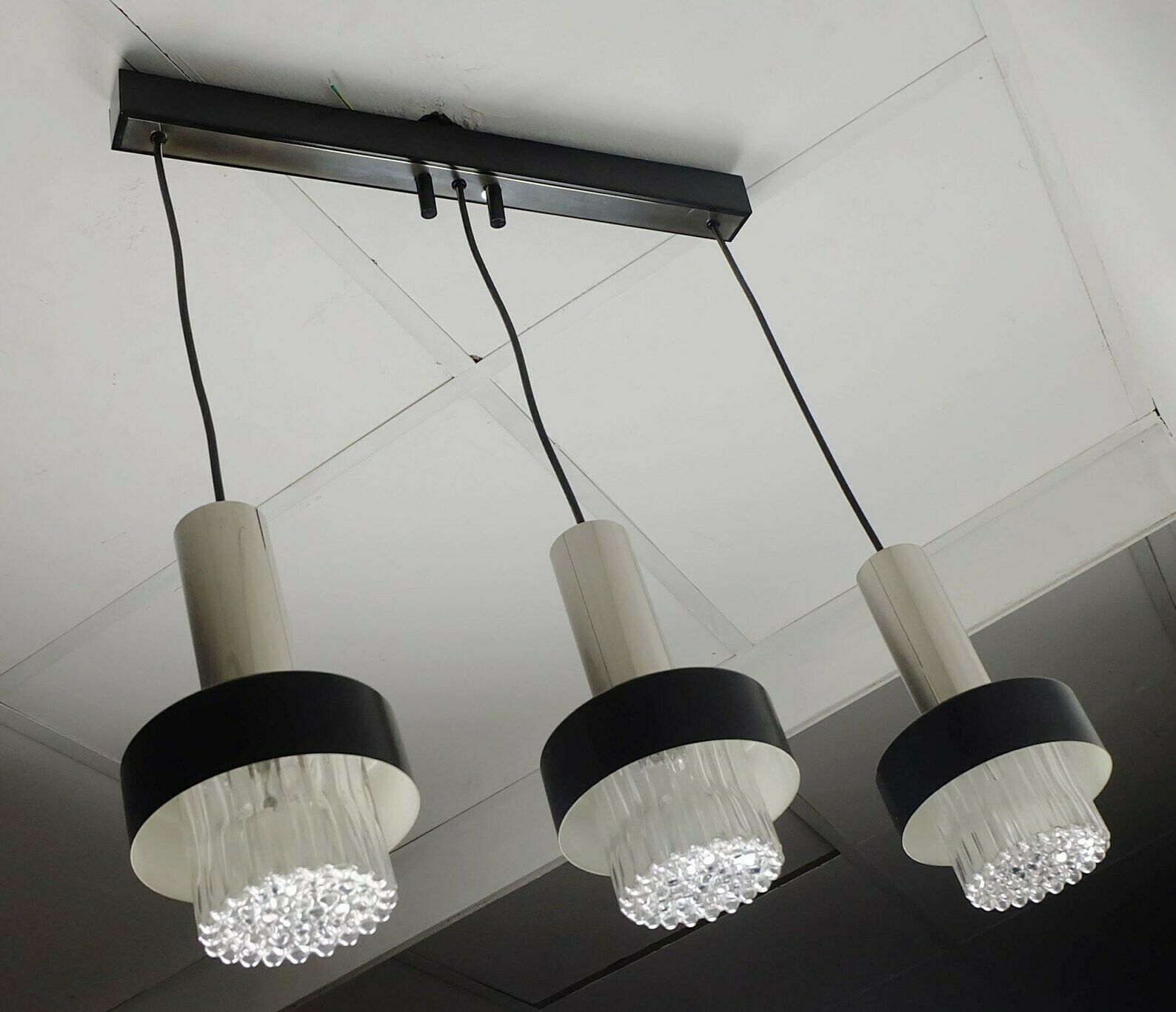 Mid Century Modern 3 Light Pendant Lamp Glass And Chrome And Black Metal 1960s photo vintage