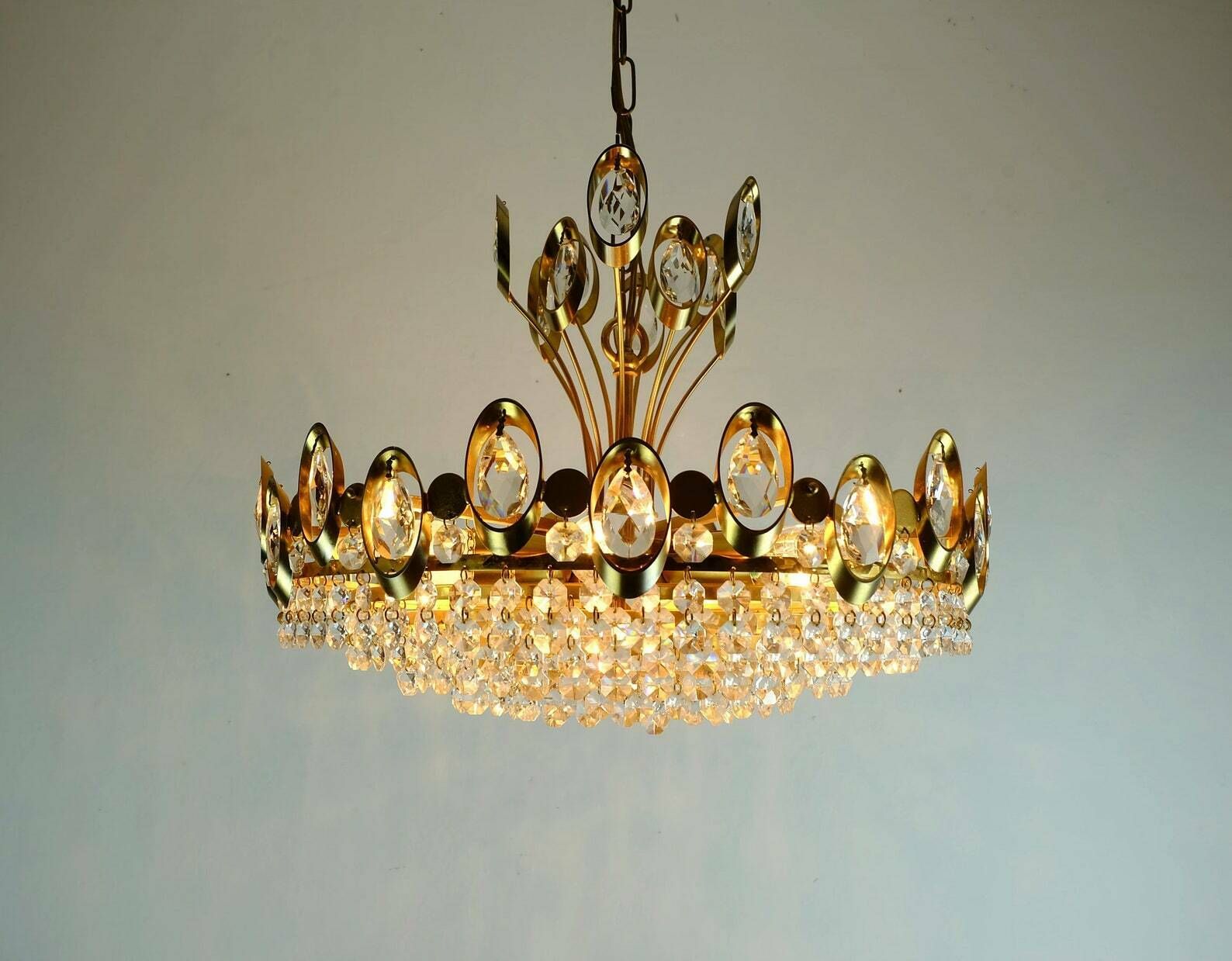 Elegant Mid Century Pendant Light Chandelier Palwa Crystal Glass And Gilt Brass