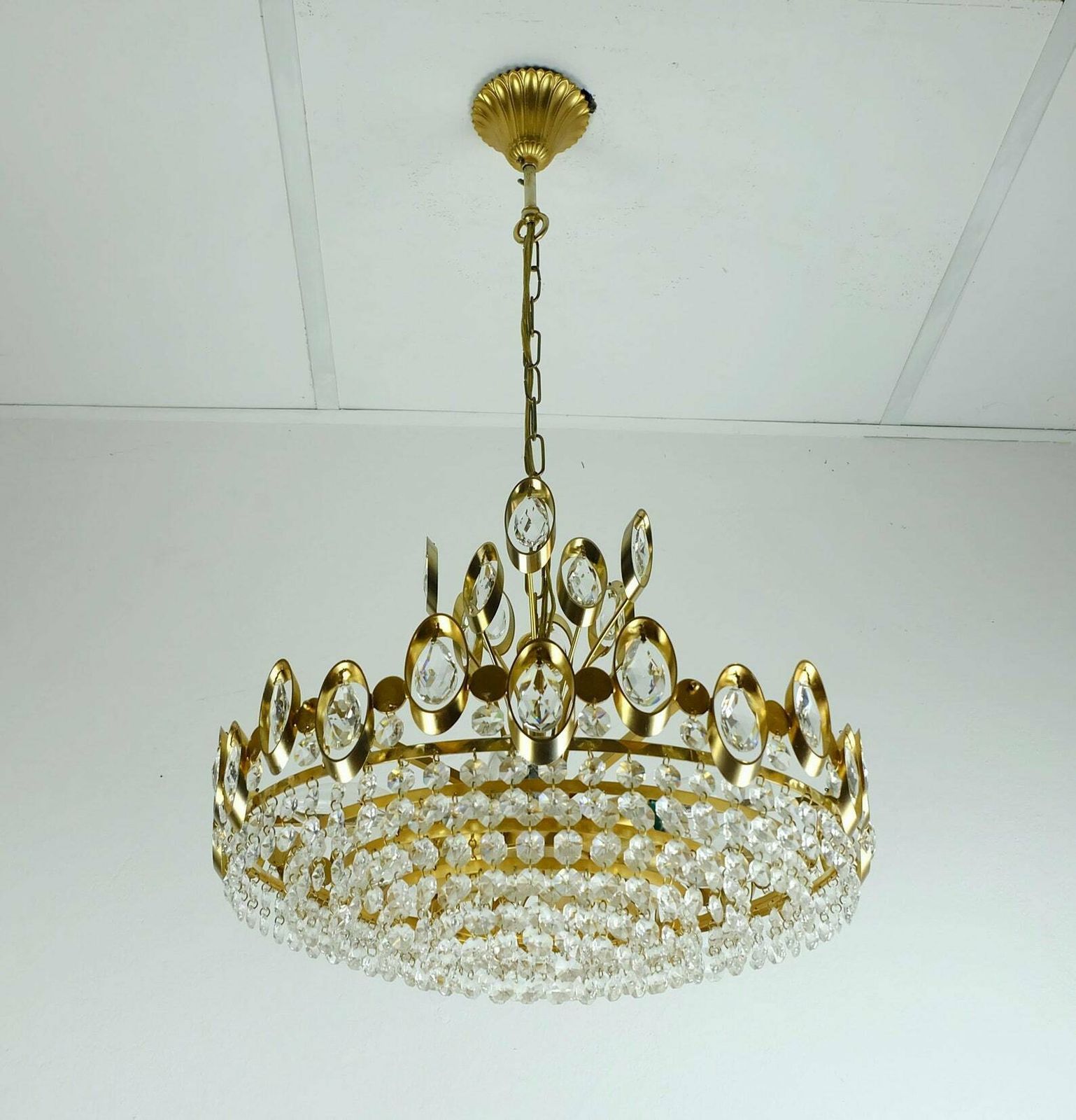 Elegant Mid Century Pendant Light Chandelier Palwa Crystal Glass And Gilt Brass photo Lighting
