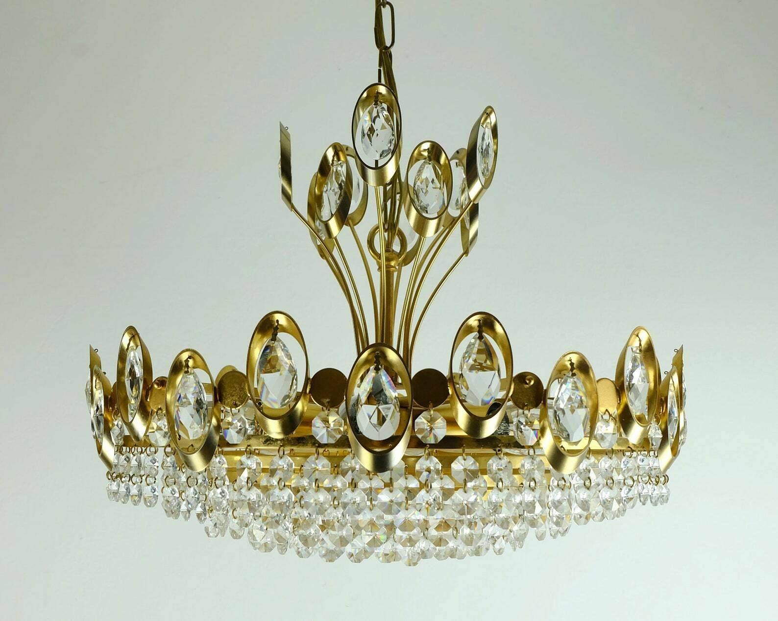 Elegant Mid Century Pendant Light Chandelier Palwa Crystal Glass And Gilt Brass photo 862.1485