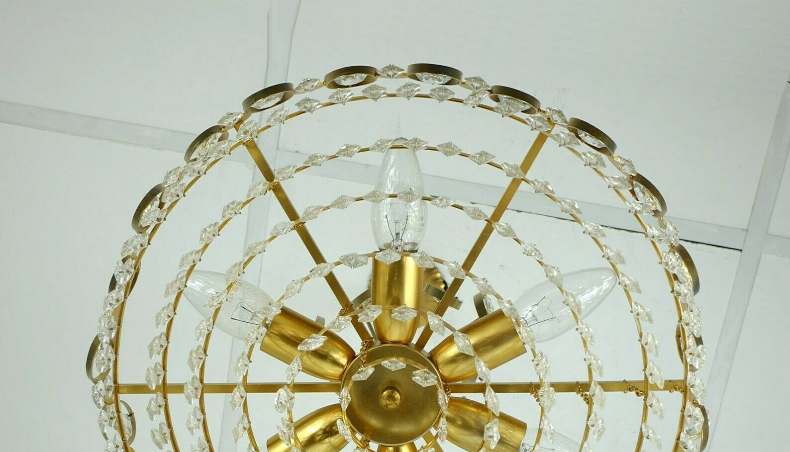 Elegant Mid Century Pendant Light Chandelier Palwa Crystal Glass And Gilt Brass photo vinterior
