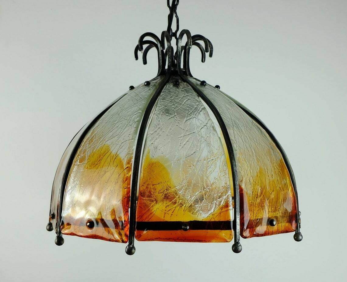Brutalist Mid Century Pendant Lamp Wrought Iron And Wonderful Murano Glass 60s 70s photo Lighting
