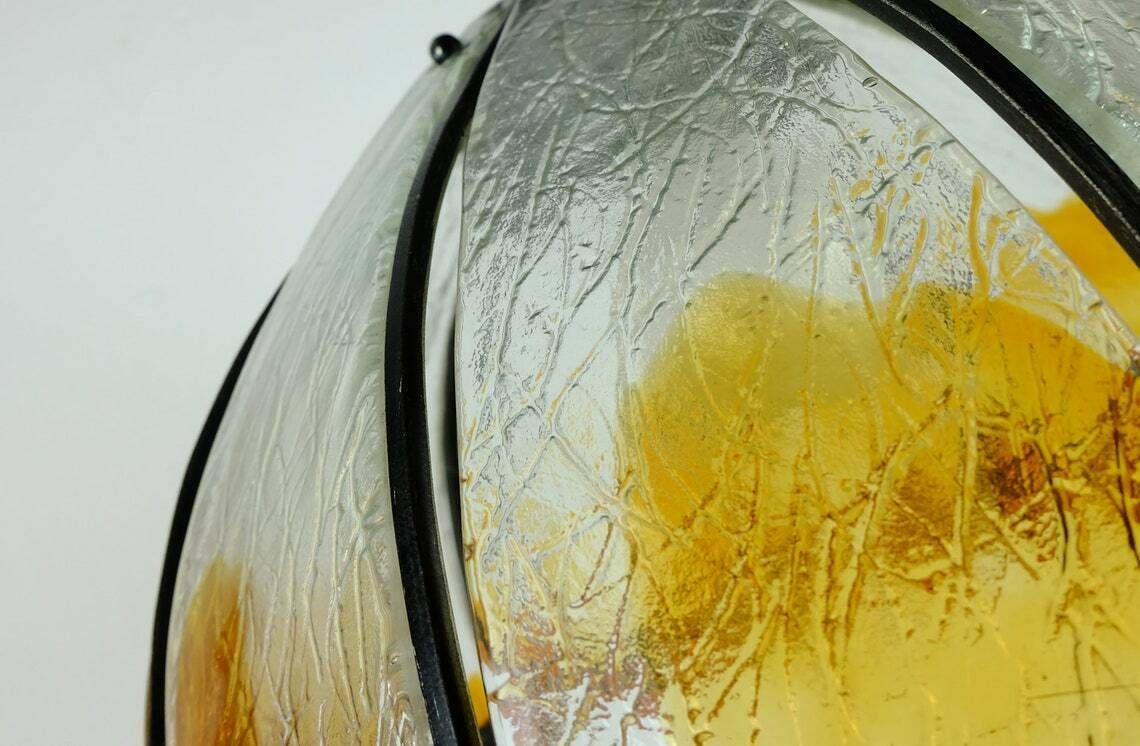 Brutalist Mid Century Pendant Lamp Wrought Iron And Wonderful Murano Glass 60s 70s photo vintage