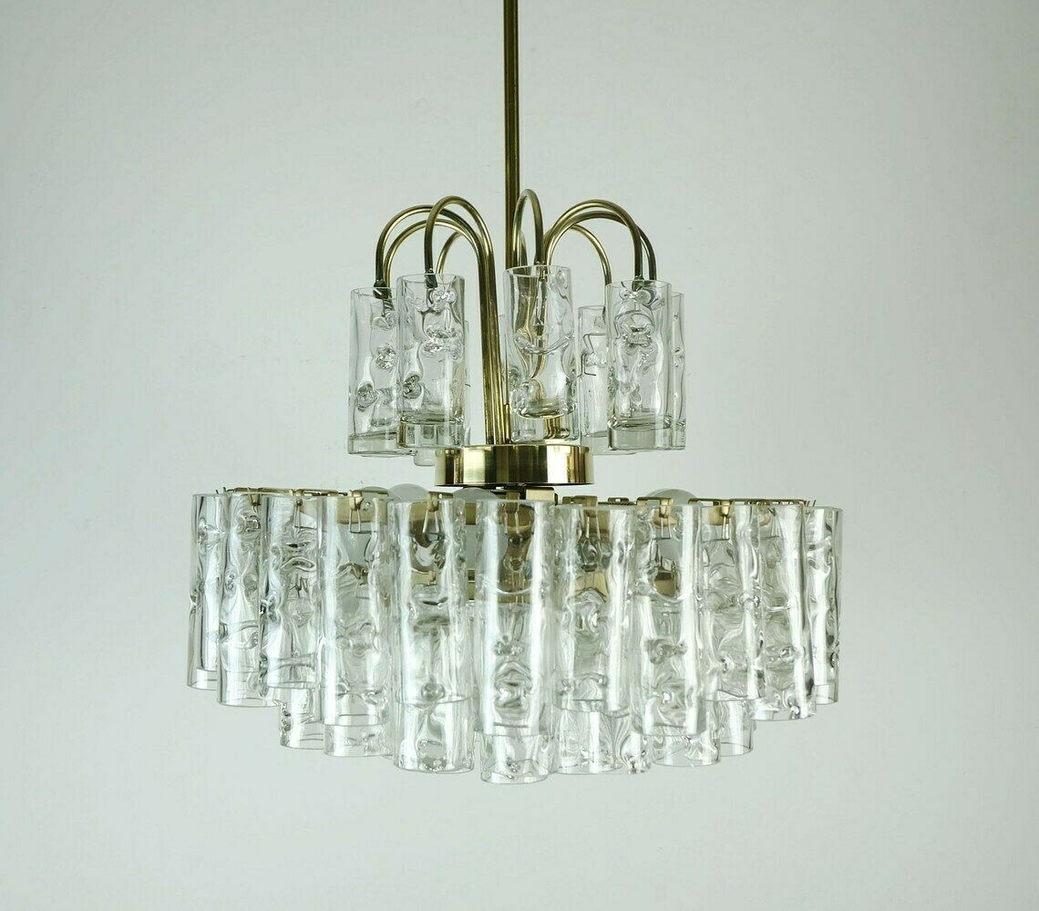 4 Tier Doria Mid Century Chandelier With 62 Glass Tubes Ice Glass Structured Glass 60s Hanging Lamp