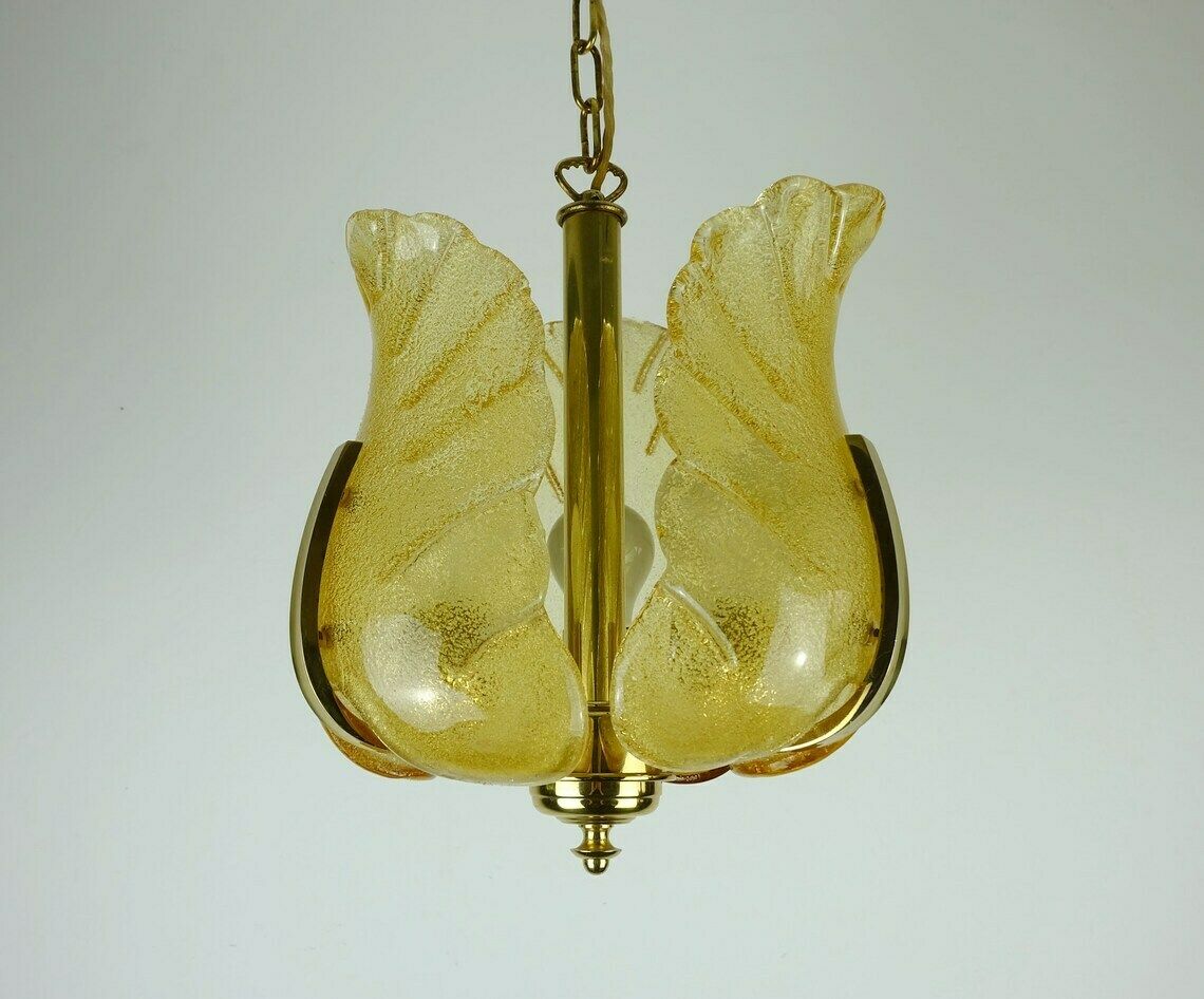 Mid Century Pendant Lamp Brass Amber Glass 1960s Small Chandelier photo for sale