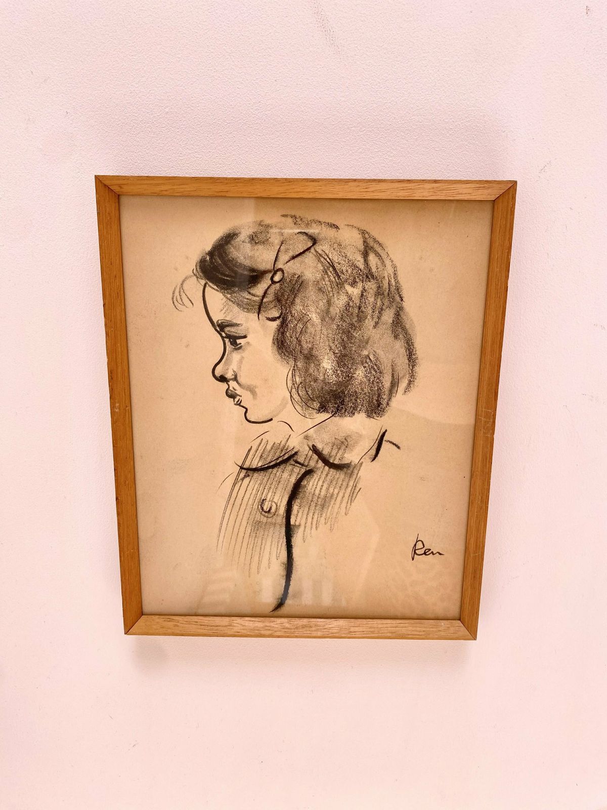 Mid Century Framed Hand Illustrations Of Two Children photo for sale