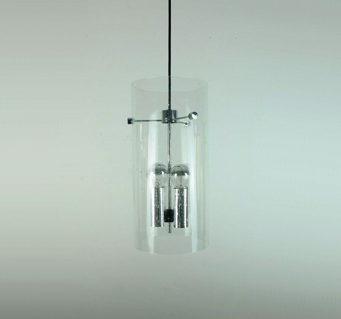 Huge Glashuette Limburg Pendant Light Cylindrical Bubble Glass Shade And Chrome 1970s Model 4399