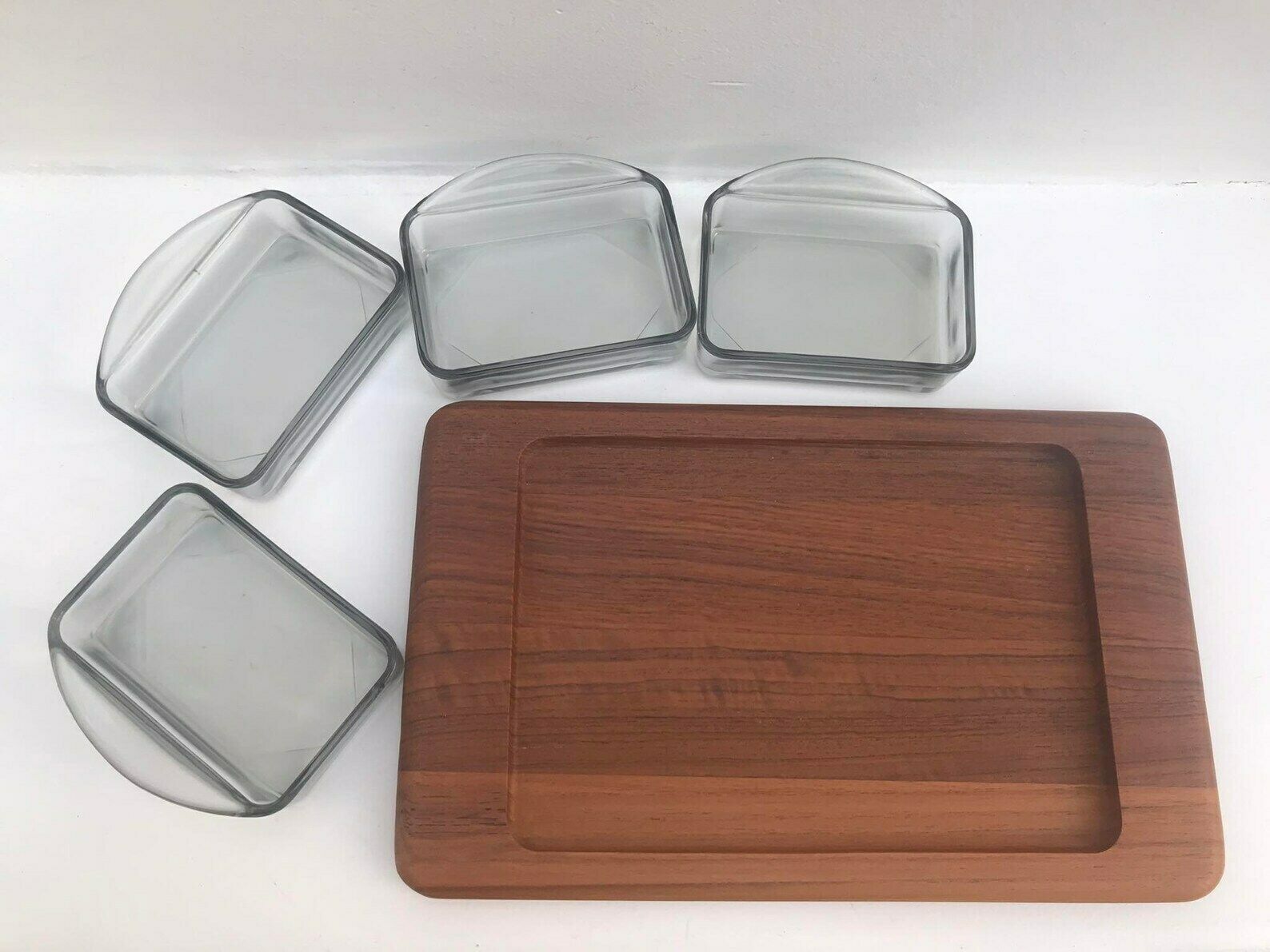 Vintage Serveerschaal Van Hout Met 4 Gerookte Grijze Glazen Bakjes – Teakhouten Deens Mid Century Modern Design, Digsmed photo buy