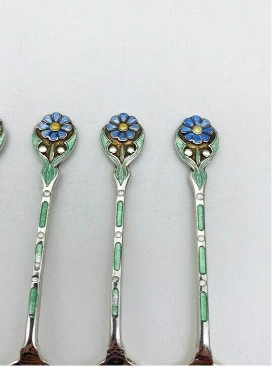 Antique Set Of 6 Small Dessert Spoons Sterling Silver & Enamel Floral Thomas Streetin photo Home Decor
