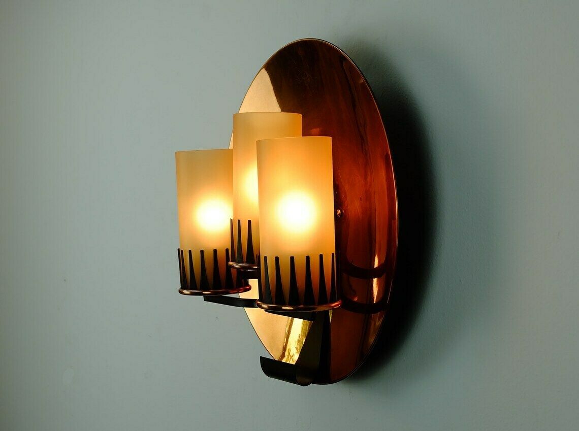 photo for sale Rare And Outstanding Mid Century Sconce Wall Lamp Stilnovo Era Copper Metal Glass