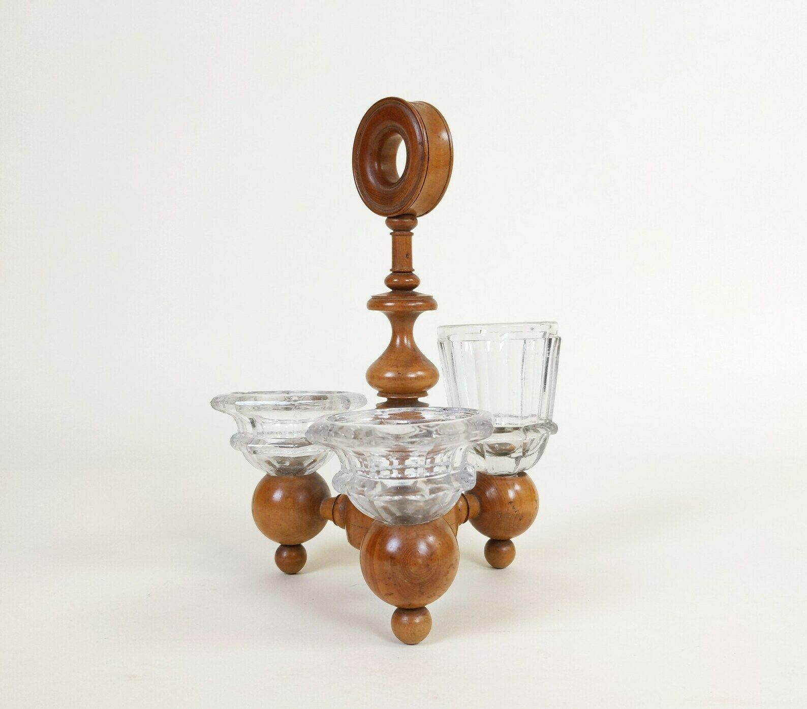 Antique French Cruet Set Made From Turned Boxwood Wood And Pressed Glass photo vintage