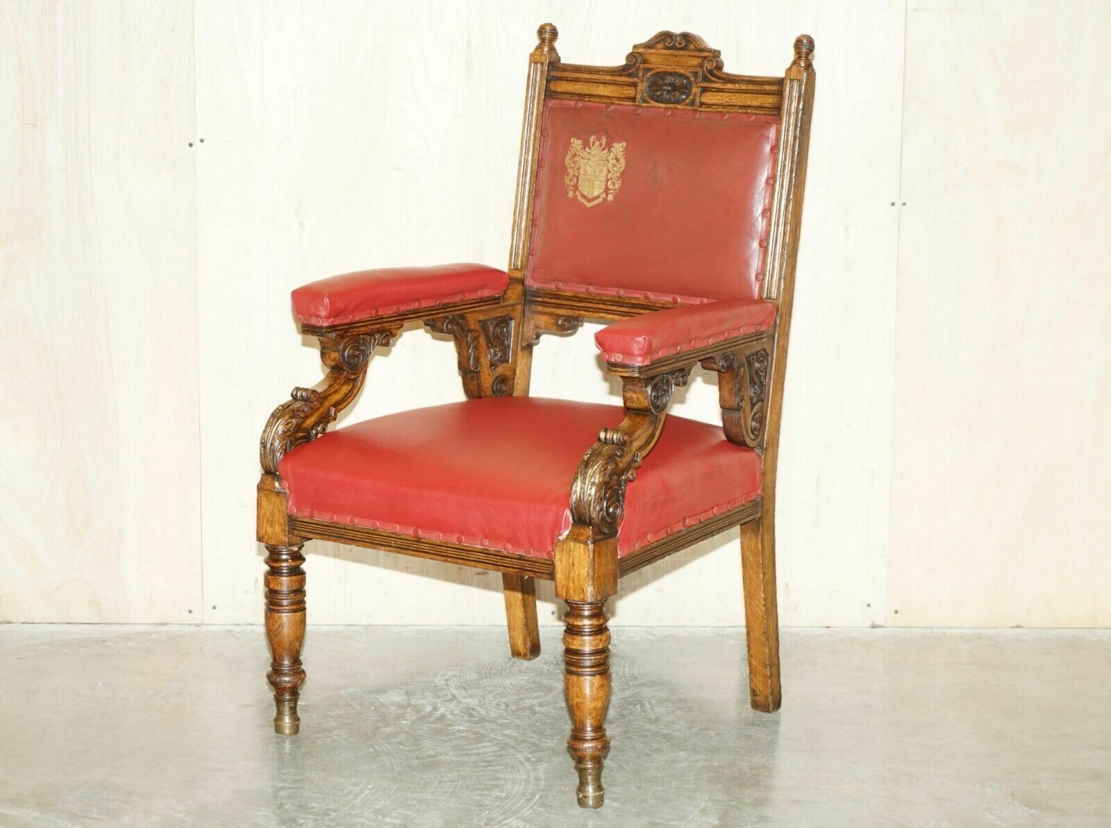 Heavily Carved English Antique Victorian Armchair + Coat Of Arms Armorial Crest