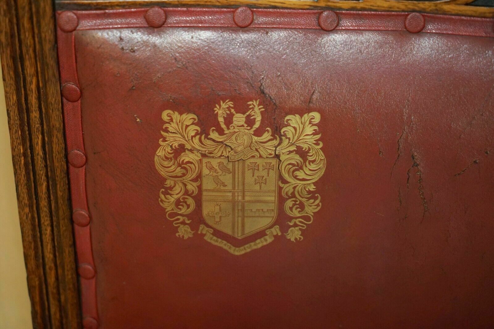 Heavily Carved English Antique Victorian Armchair + Coat Of Arms Armorial Crest photo vintage