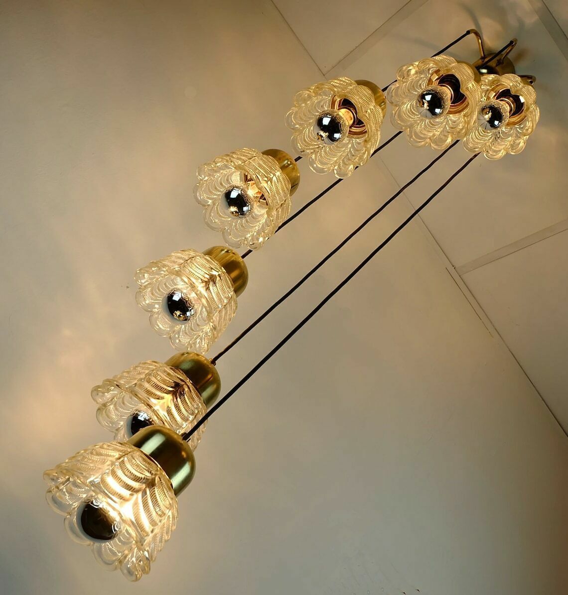1960s Mid Century Pendant Light Cascading Lamp 7 Flower Shaped Glass Shades And Brass Chandelier photo furniture