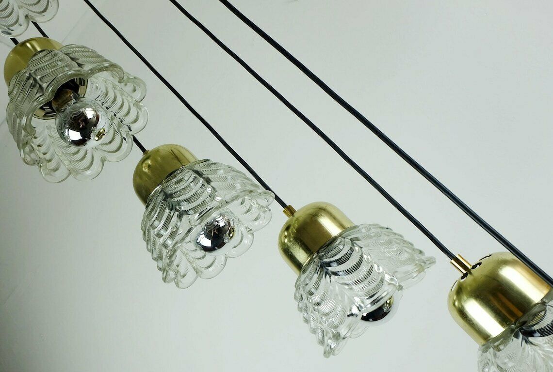 1960s Mid Century Pendant Light Cascading Lamp 7 Flower Shaped Glass Shades And Brass Chandelier photo for sale