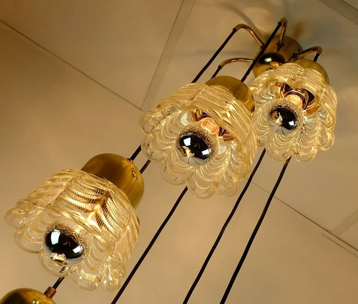 1960s Mid Century Pendant Light Cascading Lamp 7 Flower Shaped Glass Shades And Brass Chandelier photo vintage