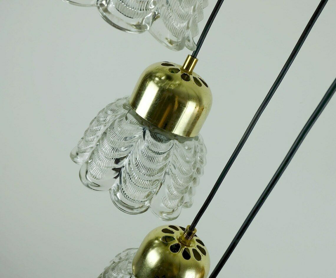 photo for sale 1960s Mid Century Pendant Light Cascading Lamp 7 Flower Shaped Glass Shades And Brass Chandelier