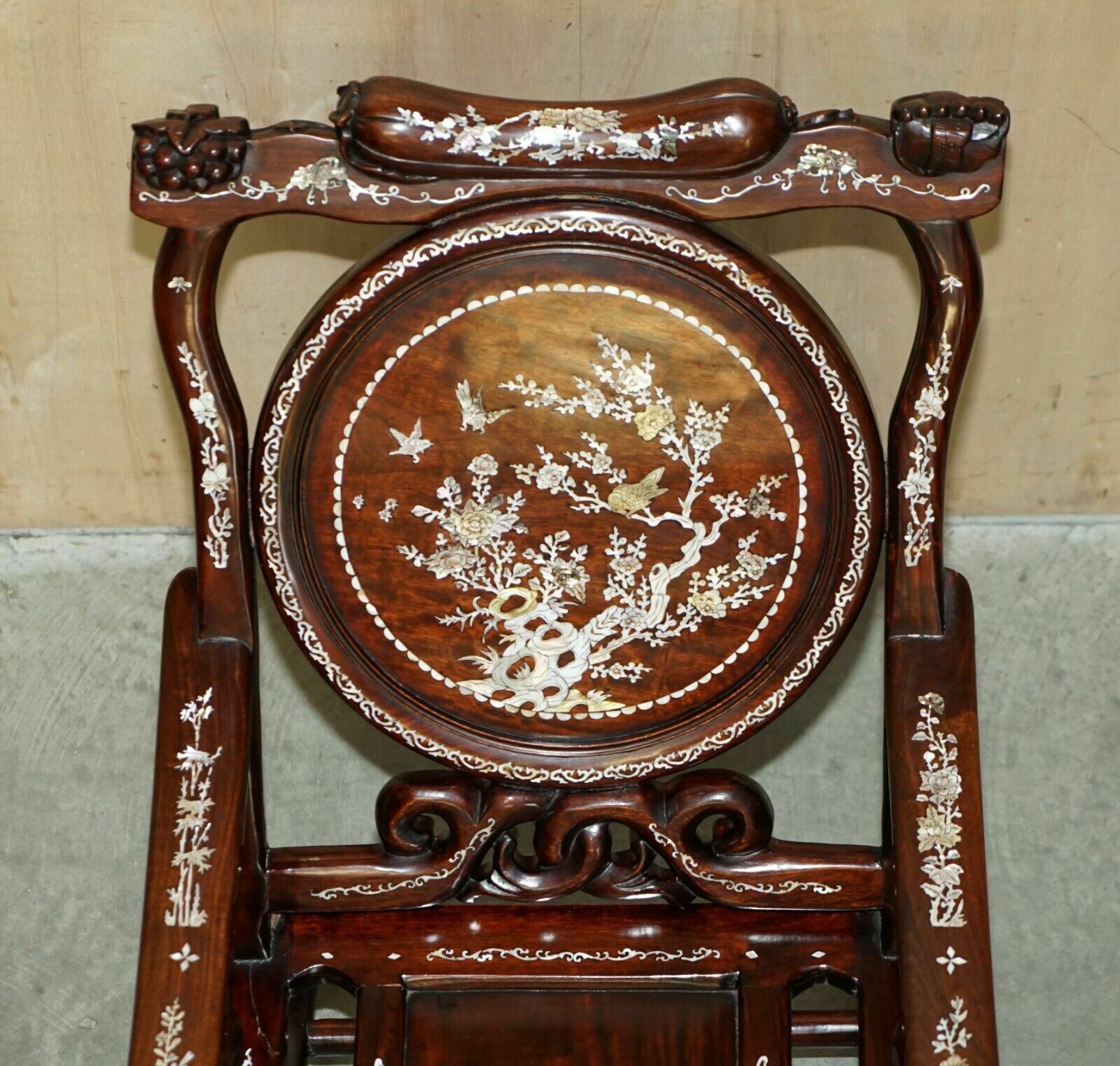 photo buy Pair Of Antique Padauk & Mother Of Pearl Reclined Plantation Armchairs & Table