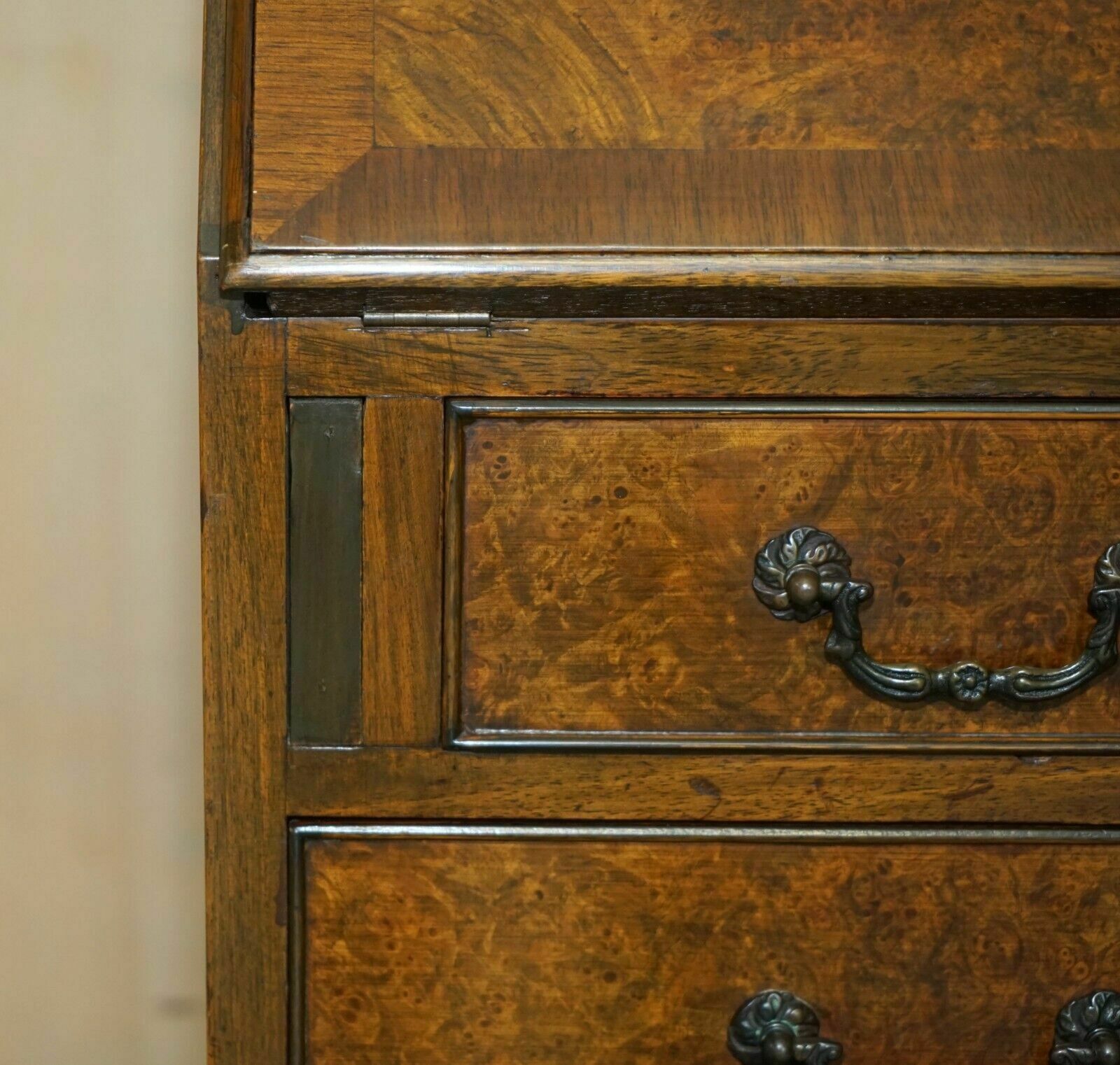 Stunning 1900's Burr & Burl Walnut Drop Front Bureau Desk Lovely Timber Patina photo vinterior