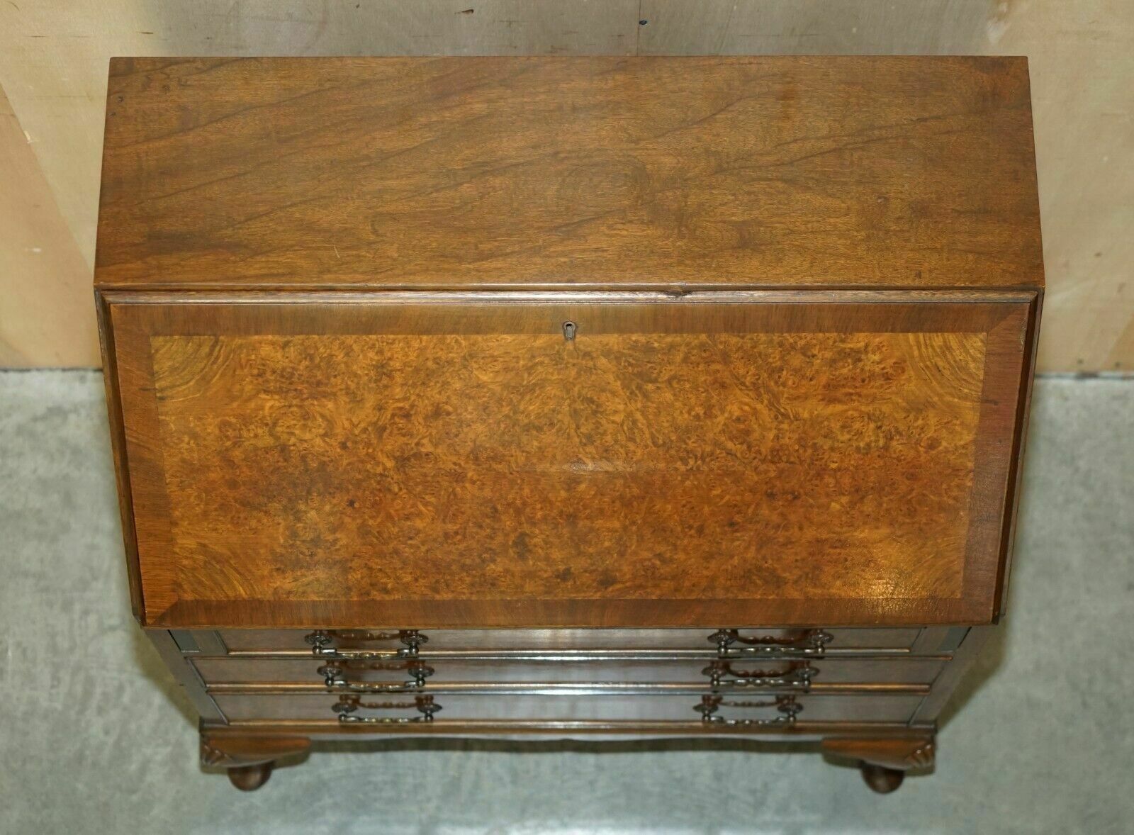 Furniture Stunning 1900's Burr & Burl Walnut Drop Front Bureau Desk Lovely Timber Patina photo
