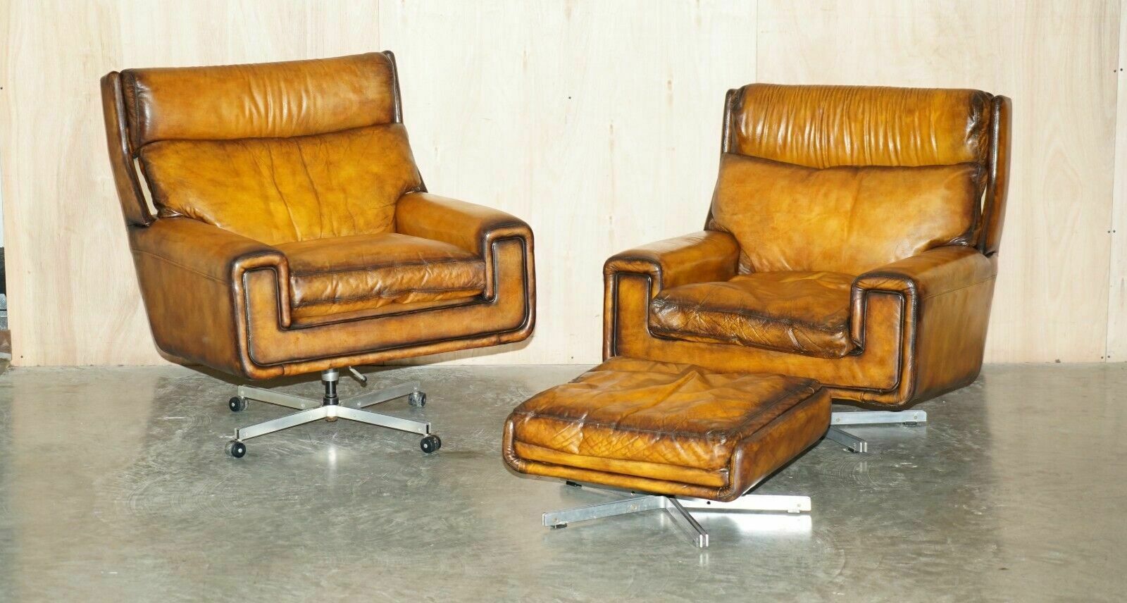 Restored Vintage 1970's Hand Dyed Whisky Brown Leather Swivel Armchair Part Set photo furniture