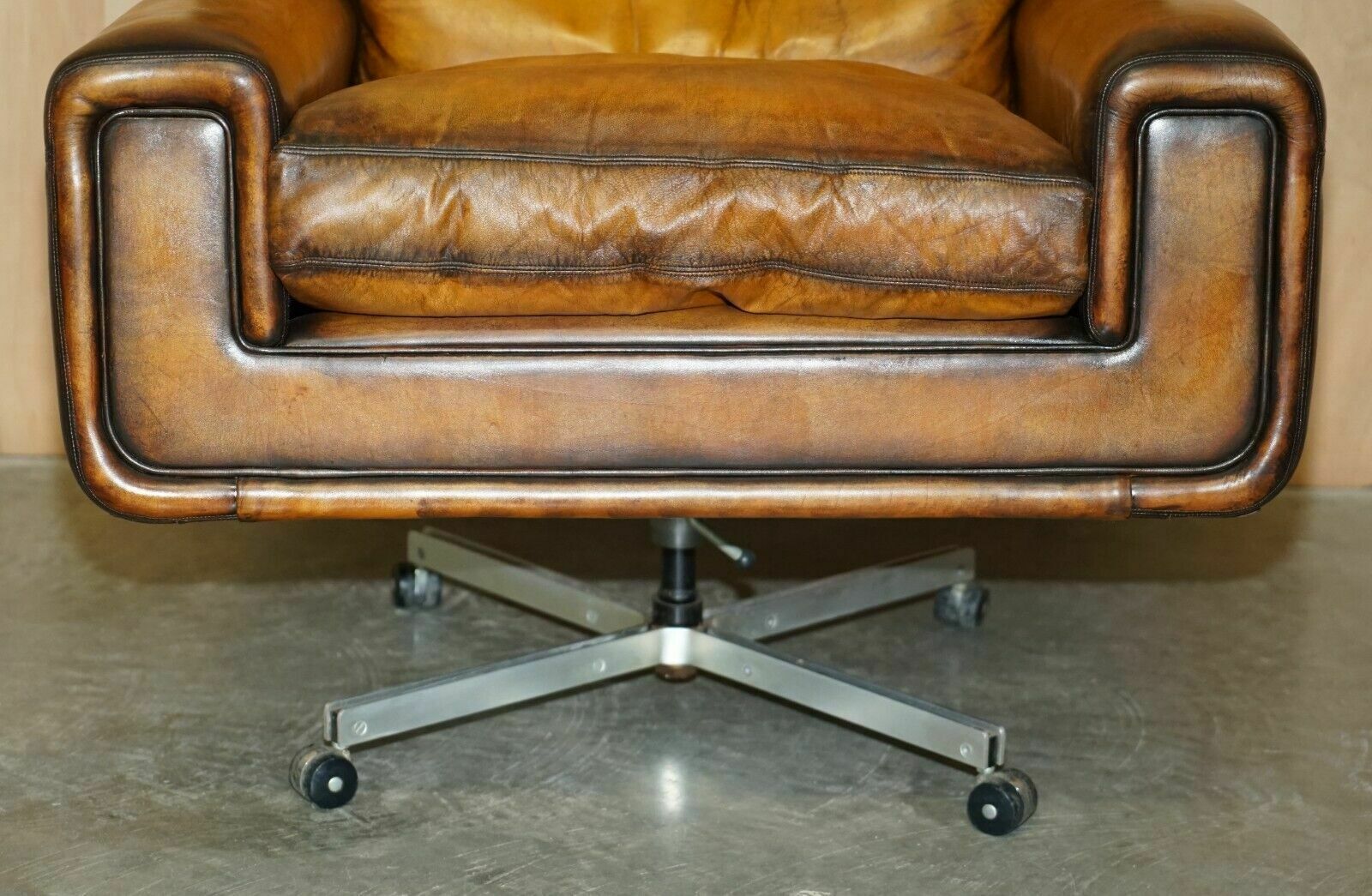 Restored Vintage 1970's Hand Dyed Whisky Brown Leather Swivel Armchair Part Set photo 2950.0
