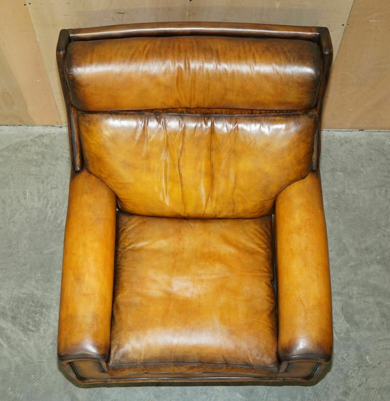 Restored Vintage 1970's Hand Dyed Whisky Brown Leather Swivel Armchair Part Set photo vintage