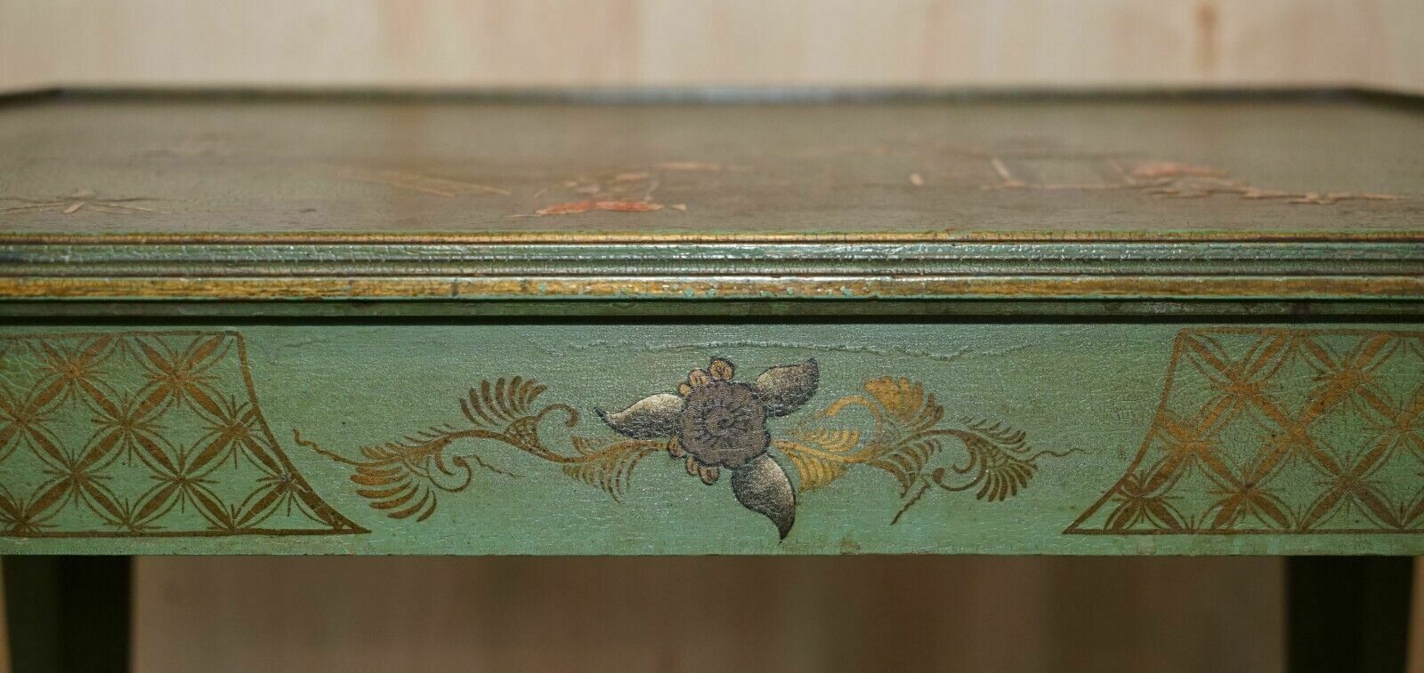 Antique Victorian Chinese Chinoiserie Hand Painted Green Side End Wine Table photo vinterior
