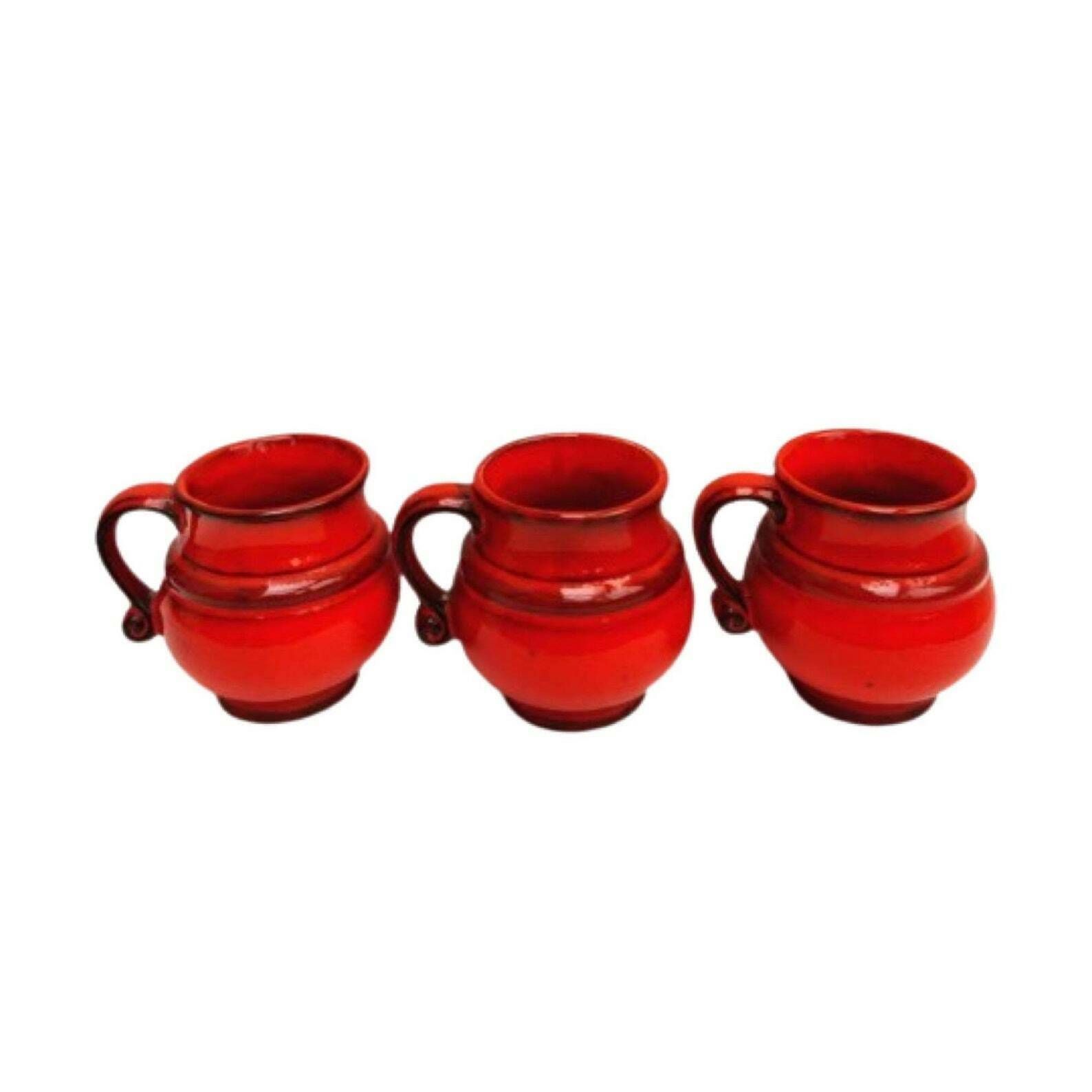 German Pottery, Red Fat Lava Vases, Small Red West Germany Set Of 3 Vases, 1960s, West German Pottery, Fat Lava Era, 60s, Mid Century Modern