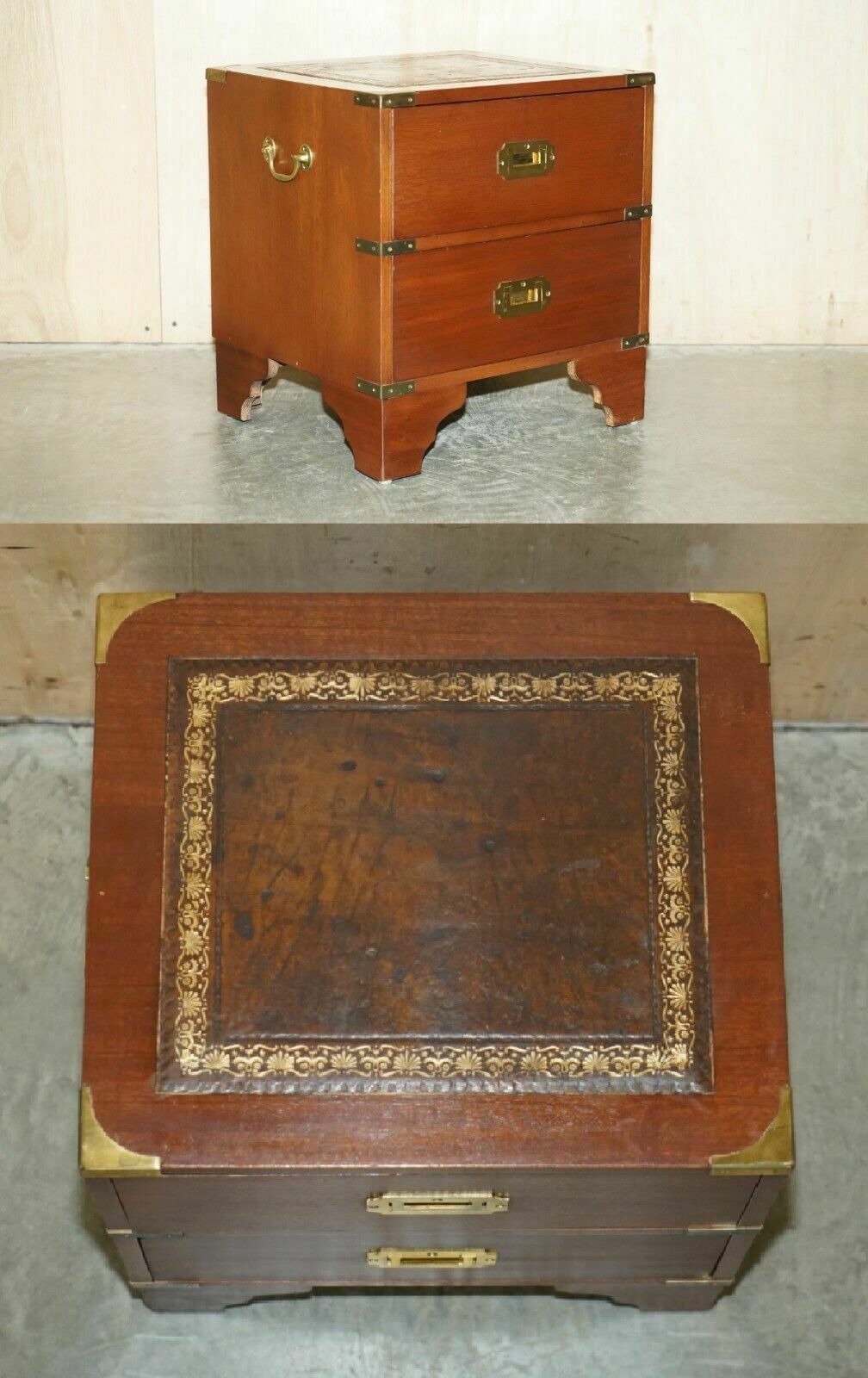 Stunning Harrods Kennedy Military Campaign Side End Table Drawers Brown Leather