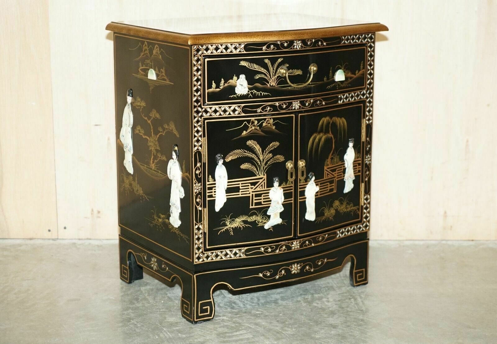 Decorative Chinese Chinoiserie Geisha Girls Lacquer Side Cabinet Soapstone photo furniture