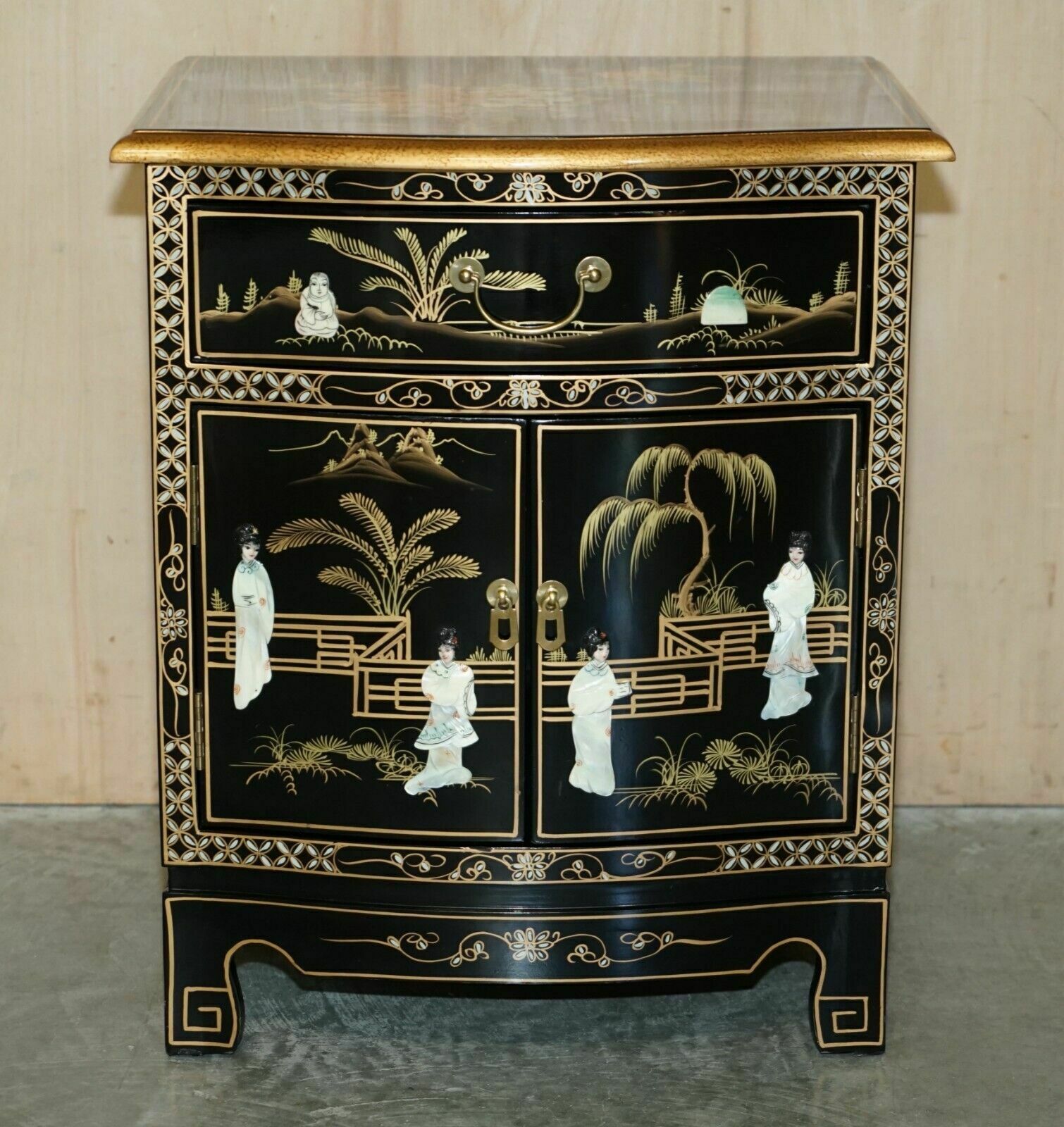 Decorative Chinese Chinoiserie Geisha Girls Lacquer Side Cabinet Soapstone photo for sale