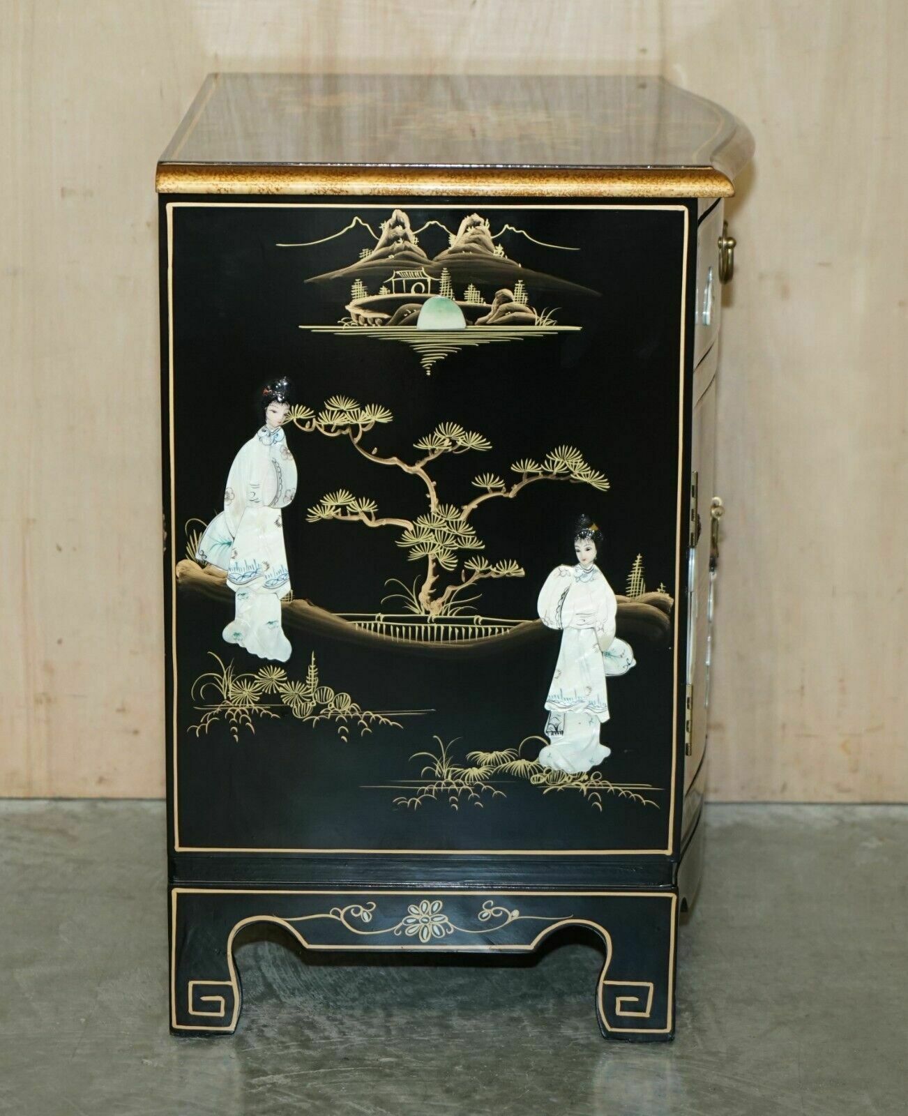 photo buy Decorative Chinese Chinoiserie Geisha Girls Lacquer Side Cabinet Soapstone