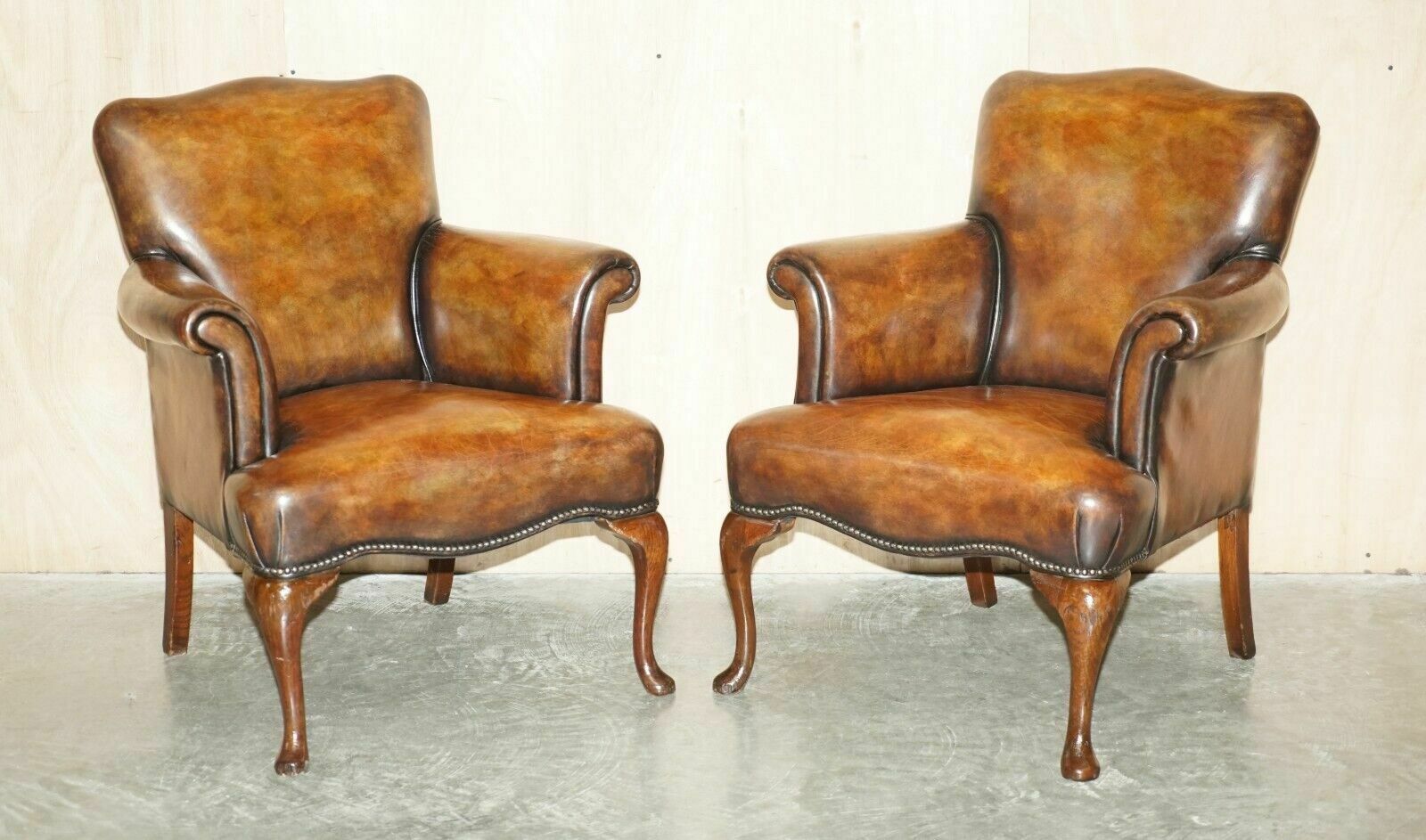 Pair Of Restored Antique Art Deco Hand Dyed Cigar Brown Leather Club Armchairs